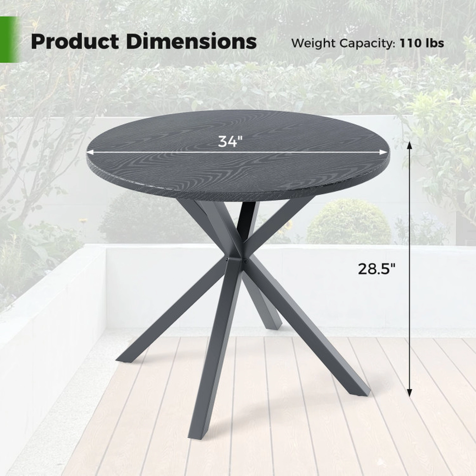SUGIFT 33.5-Inch Black Round Outdoor Bistro Table, Wood-Look Top, X-Legs