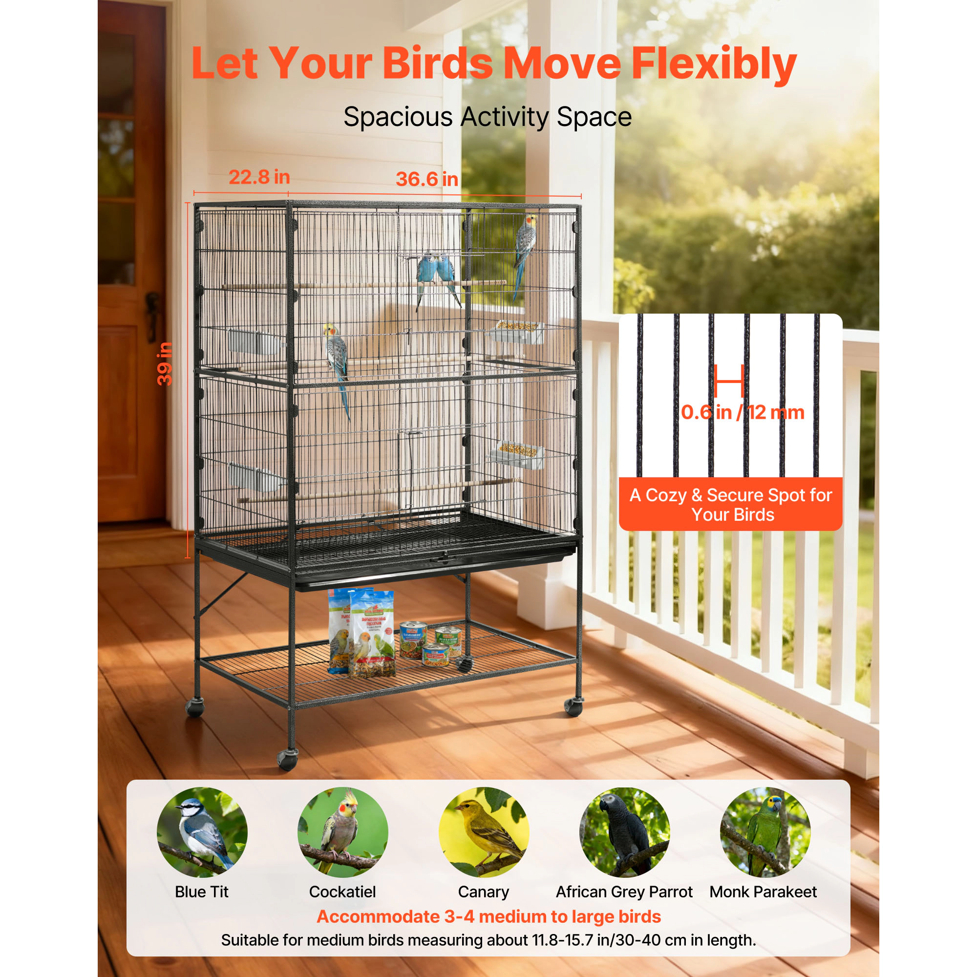 HONGGE Wrought Iron Flat-Top Parrot Cage with Casters, 36.6 x 22.8 x 59.5 in, Holds 3-4 Medium to Large Birds