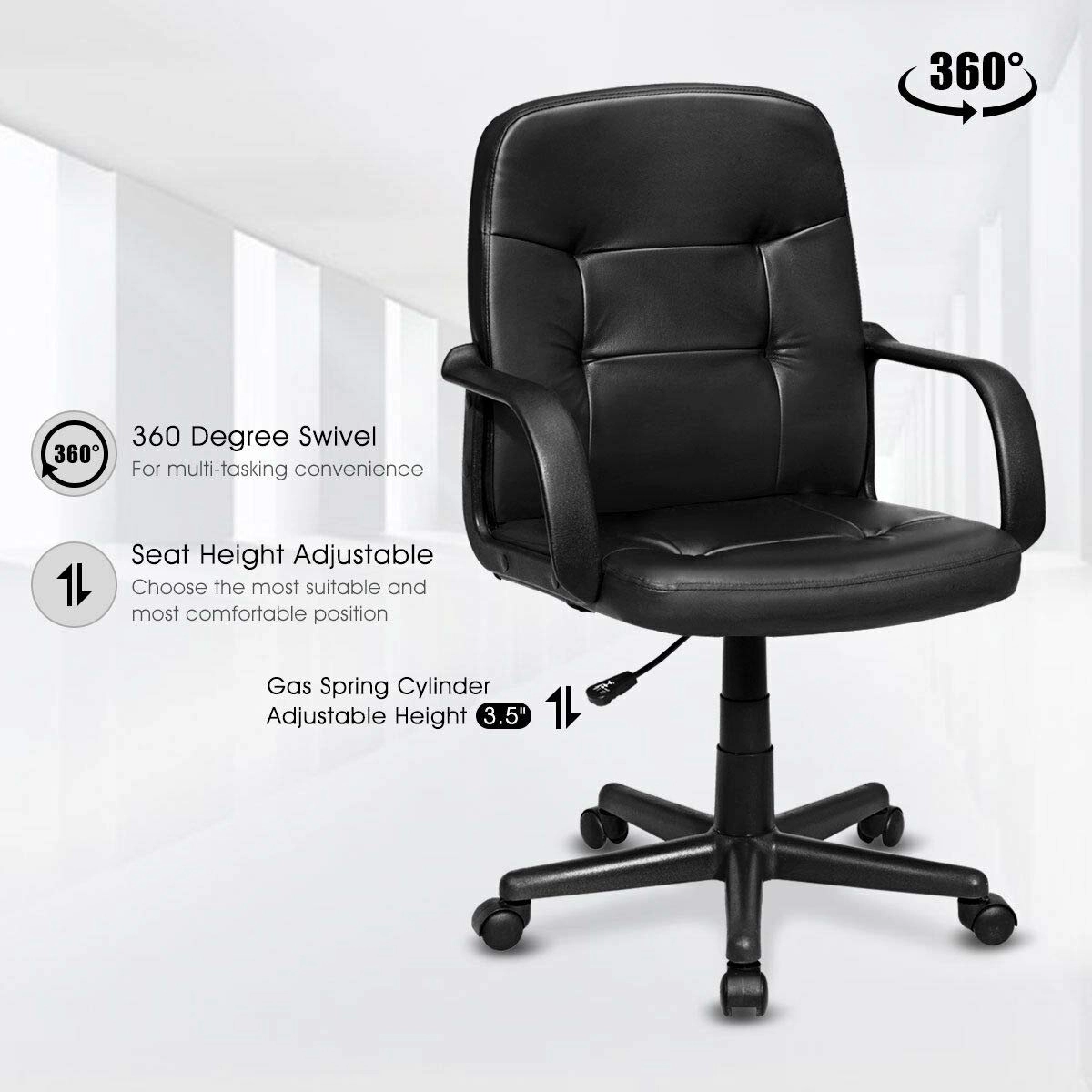 SUGIFT 250-lb Capacity Black Ribbed Leather High Back Desk Chair with Chrome Frame and 360 Degree Wheels
