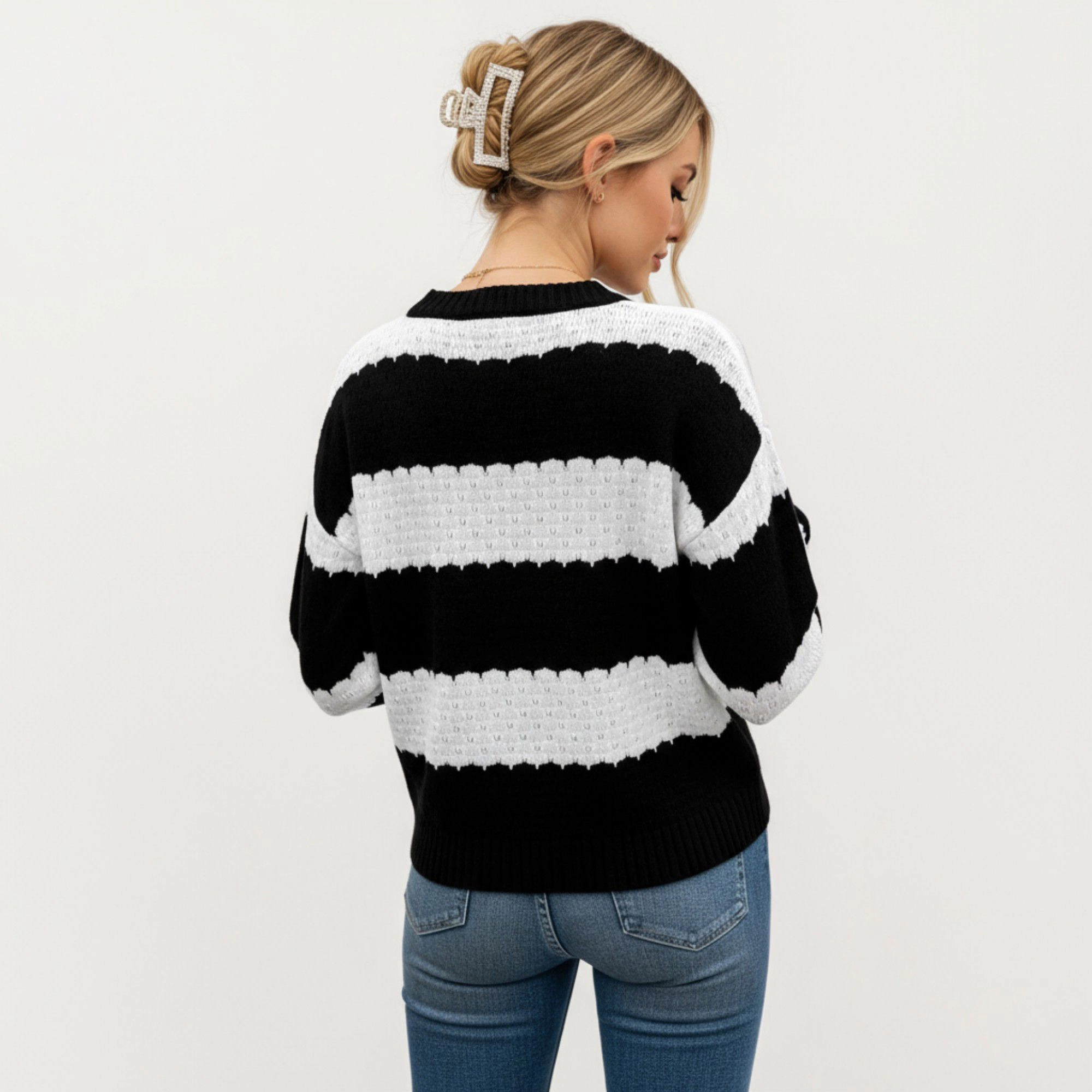 Anna-Kaci Women's Long Sleeve Knit Sweater with Bold Horizontal Stripes and Ribbed Trim