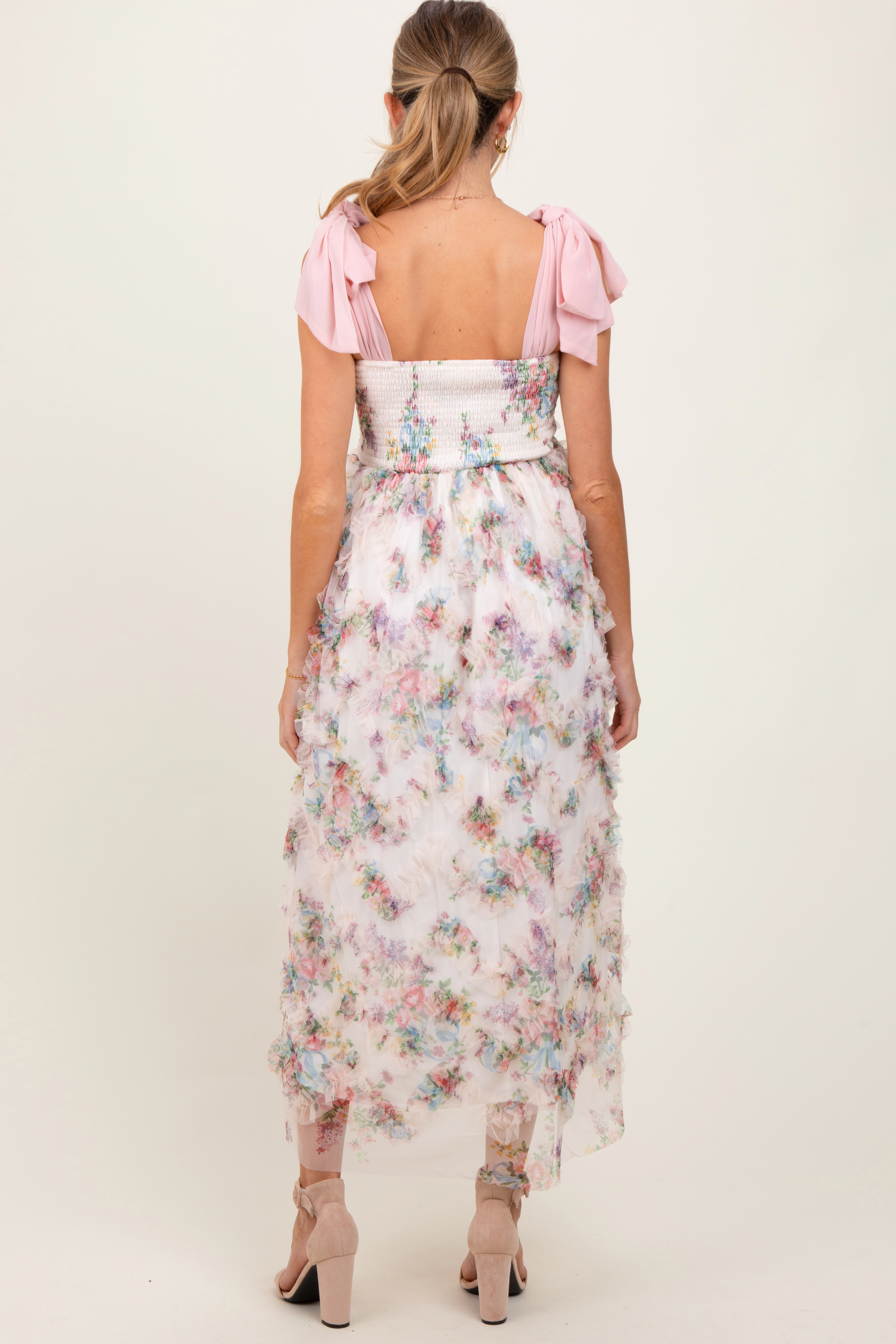 PinkBlush Womens Cream Floral Smocked Shoulder Tie Ruffled Maternity Midi Dress