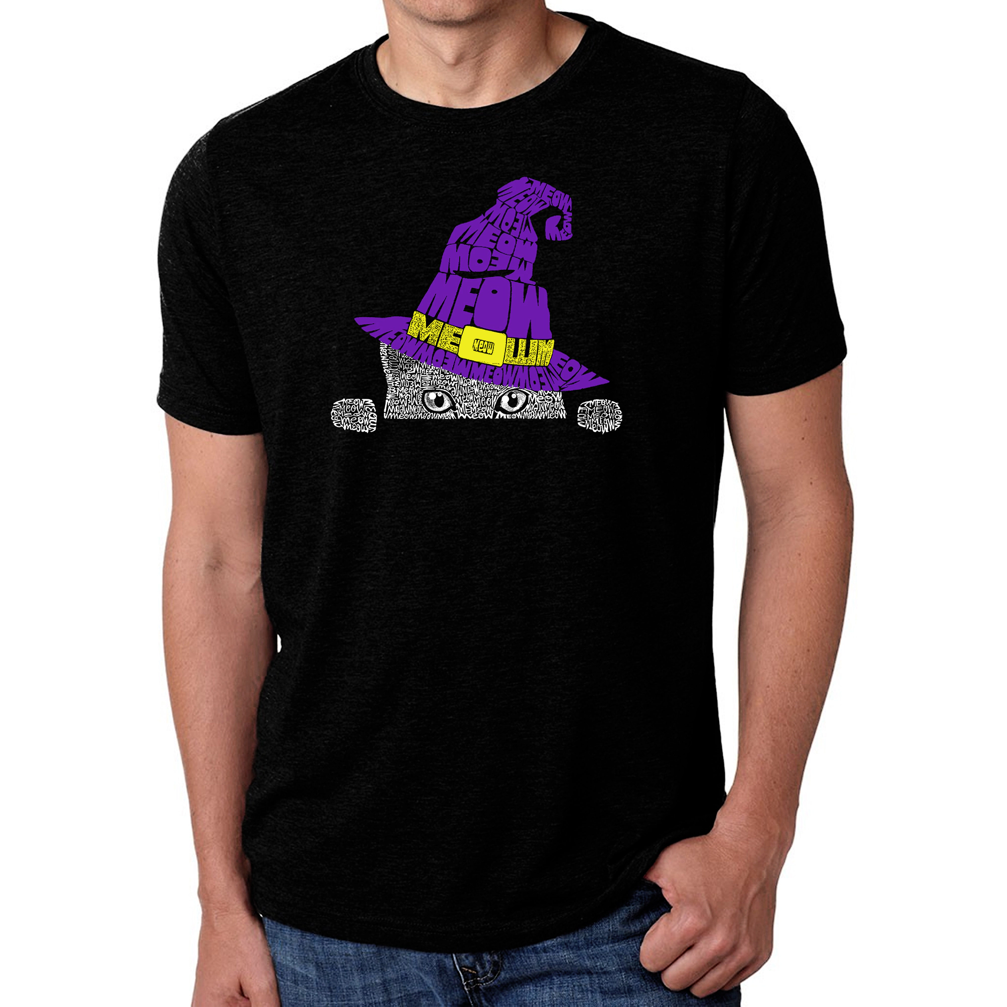 LA Pop Art Men's Cotton/Poly Blend Word T-Shirt - Peeking Witch Cat