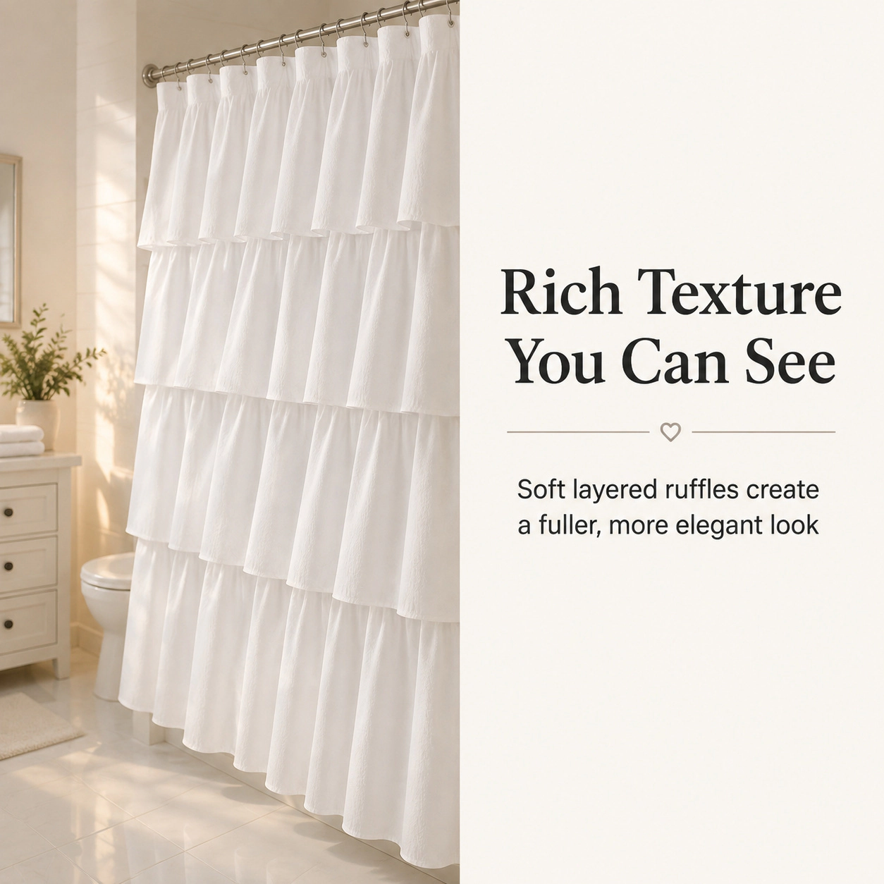 WZK White Ruffle Soft Microfiber Farmhouse Romantic Boho Style Machine Washable with Hooks Shower Curtain