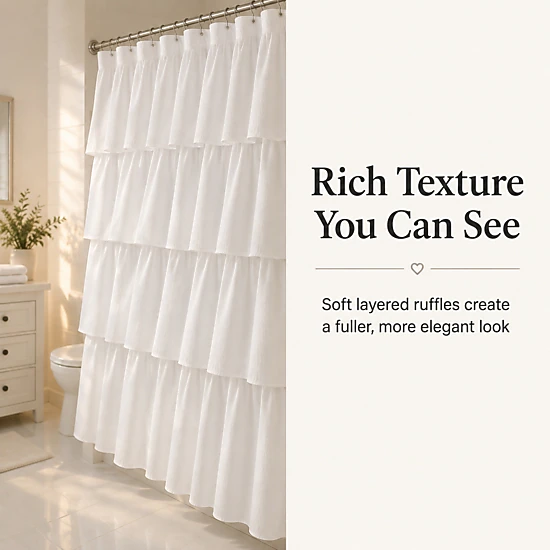 WZK White Ruffle Soft Microfiber Farmhouse Romantic Boho Style Machine Washable with Hooks Shower Curtain