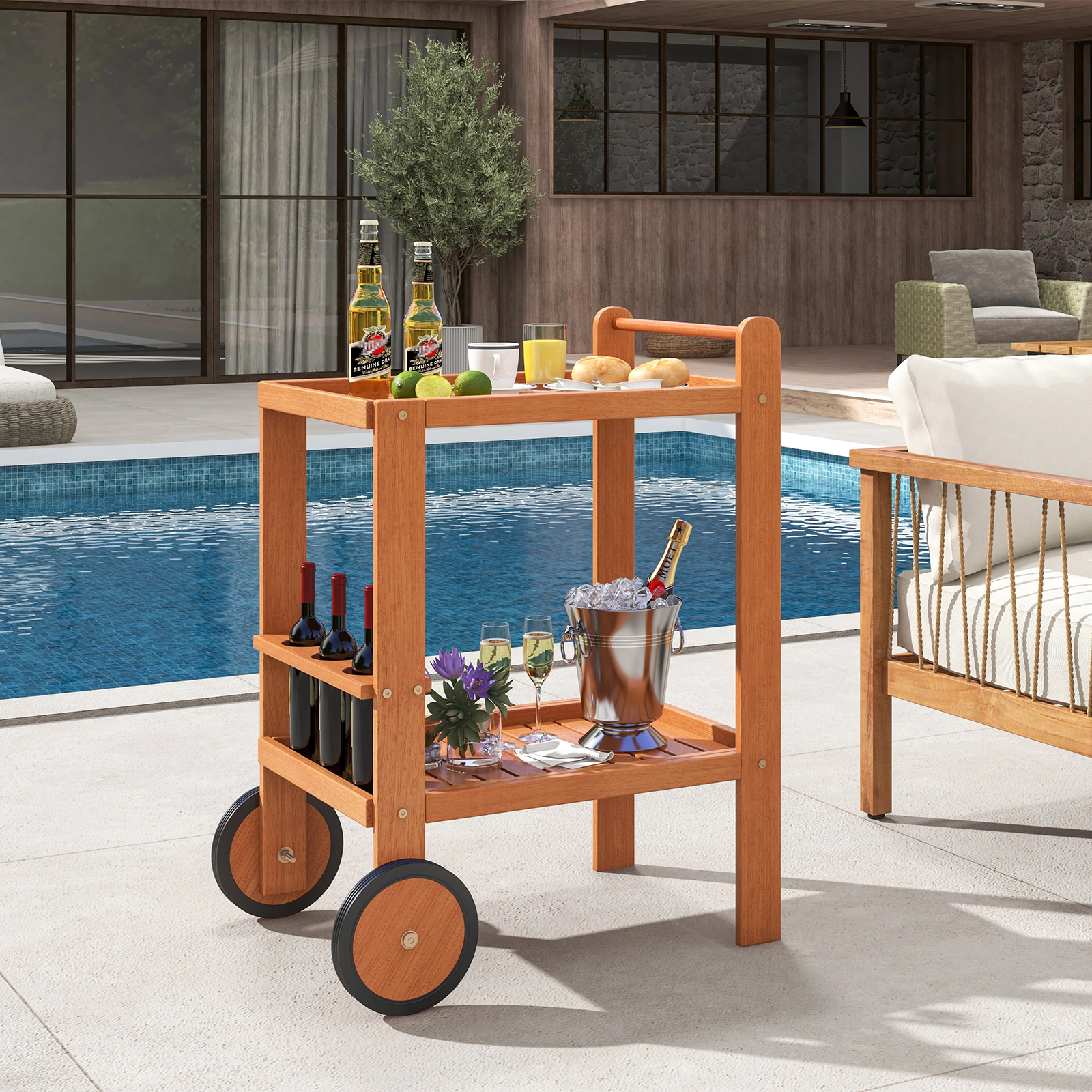Hivvago 2 Tier Rolling Serving Cart with Wine Bottle Holders and 2 Rubber Wheels