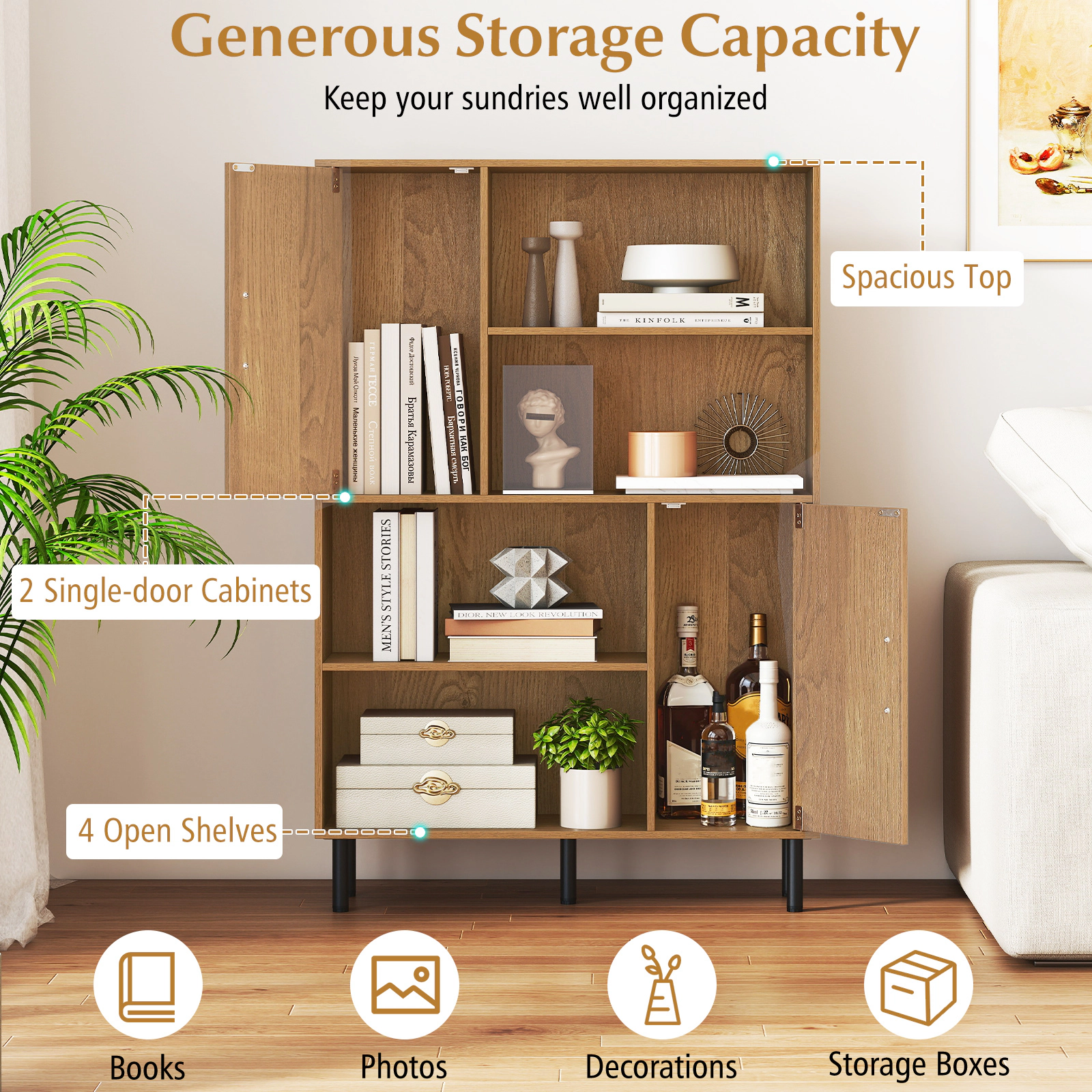 SUGIFT 47-in 31.5 x 9.5 x 47 in Freestanding Storage Cabinet Bookcase 2 Doors & 4 Open Shelves 176-lb Capacity Natural