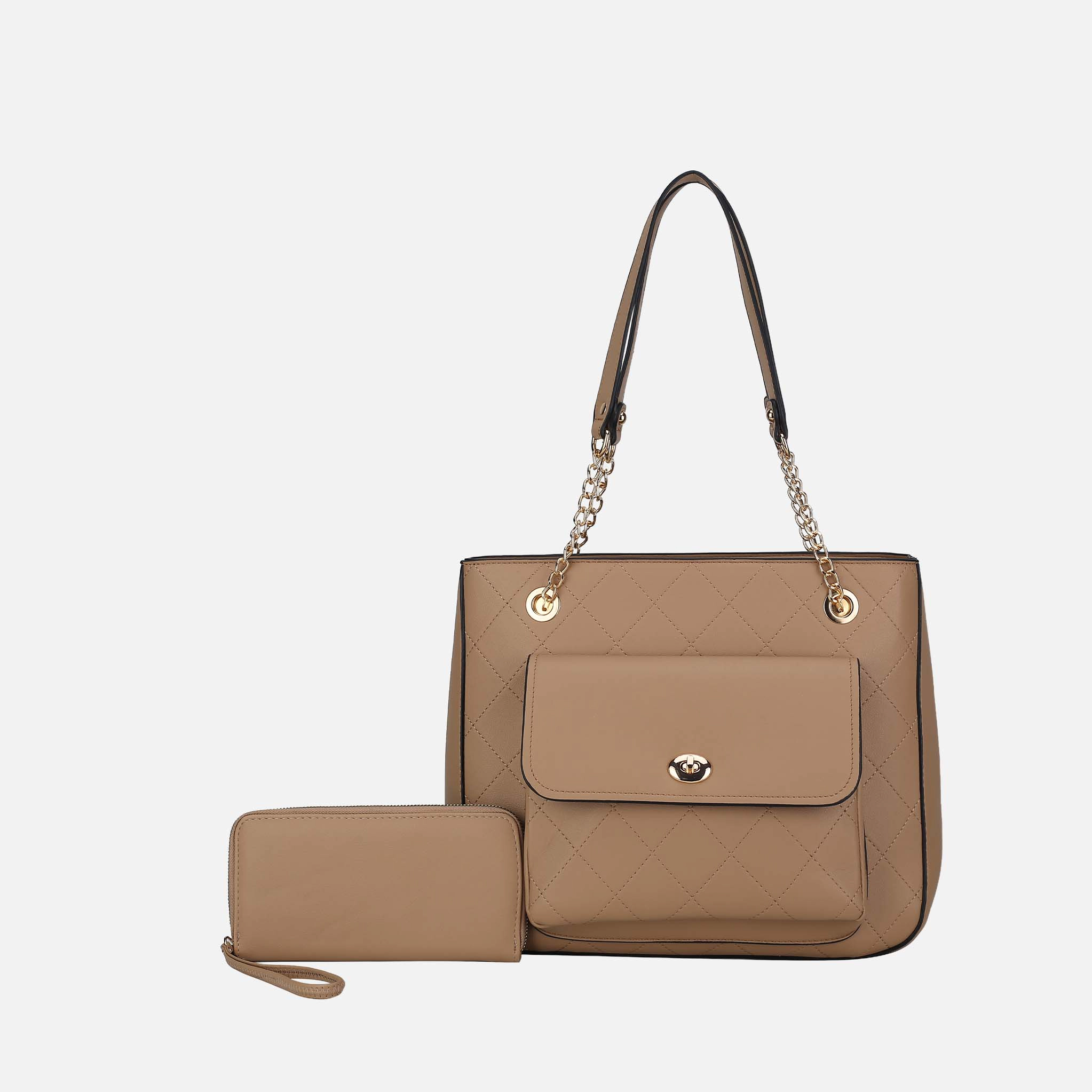Mia K Collection Jenna Quilted Vegan Leather Shoulder Bag with Matching Wallet