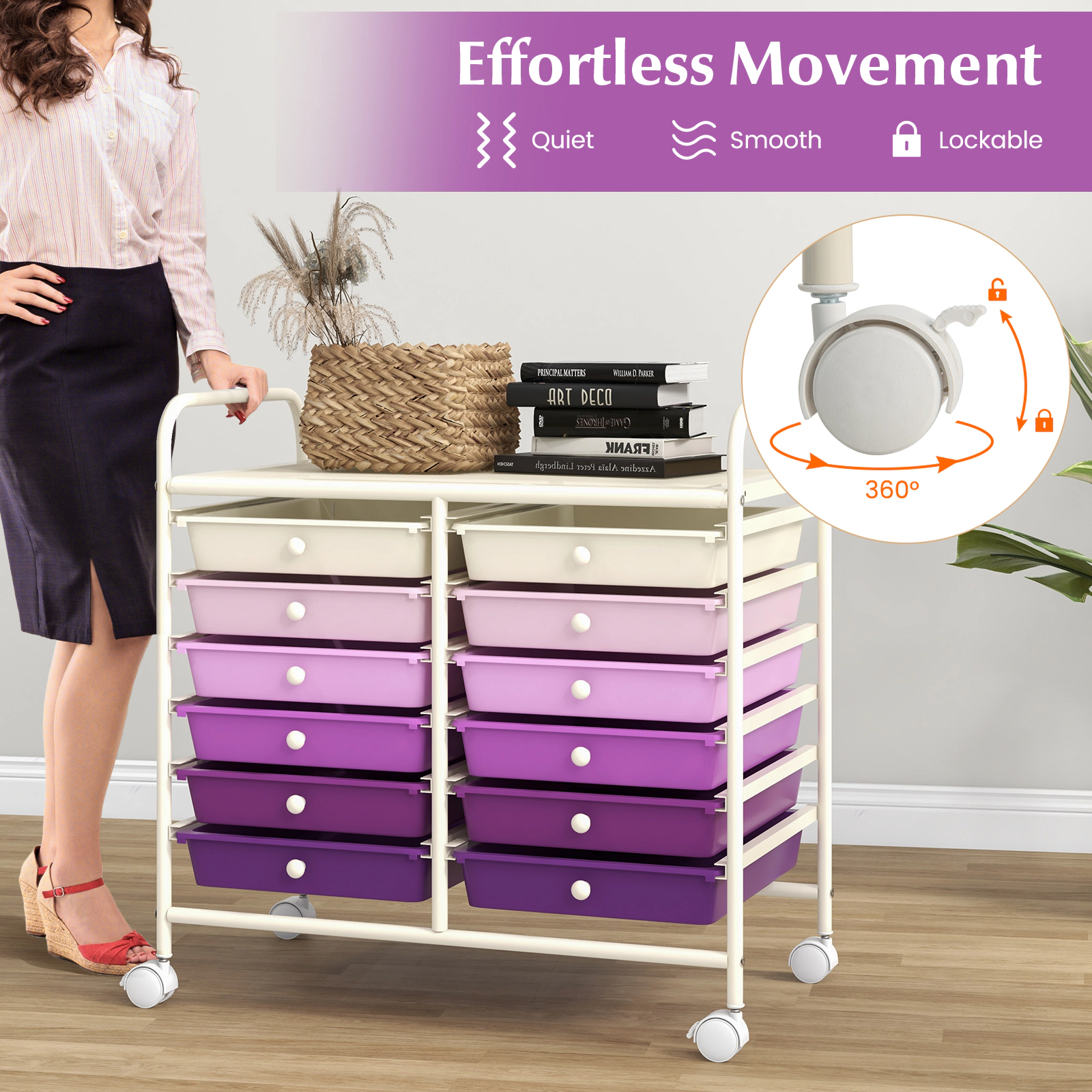 SUGIFT Purple 12-Drawer Rolling Cart Organizer with Plastic Storage Drawers and Locking Wheels for Office