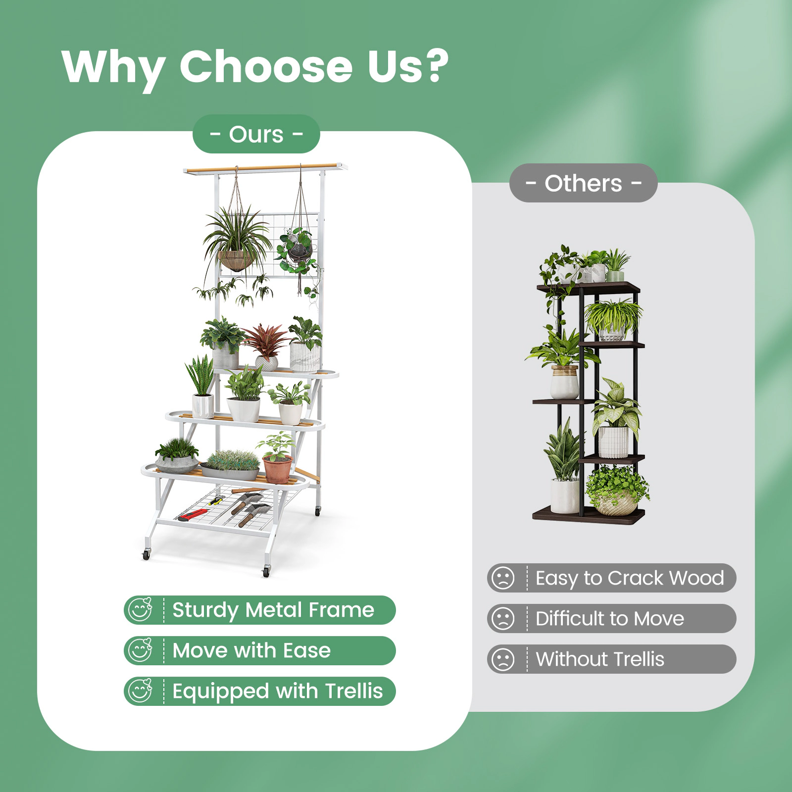 Slickblue Rolling 4 Tier Plant Stand Metal Flower Rack with Trellis Wheels Balcony Patio Organizer