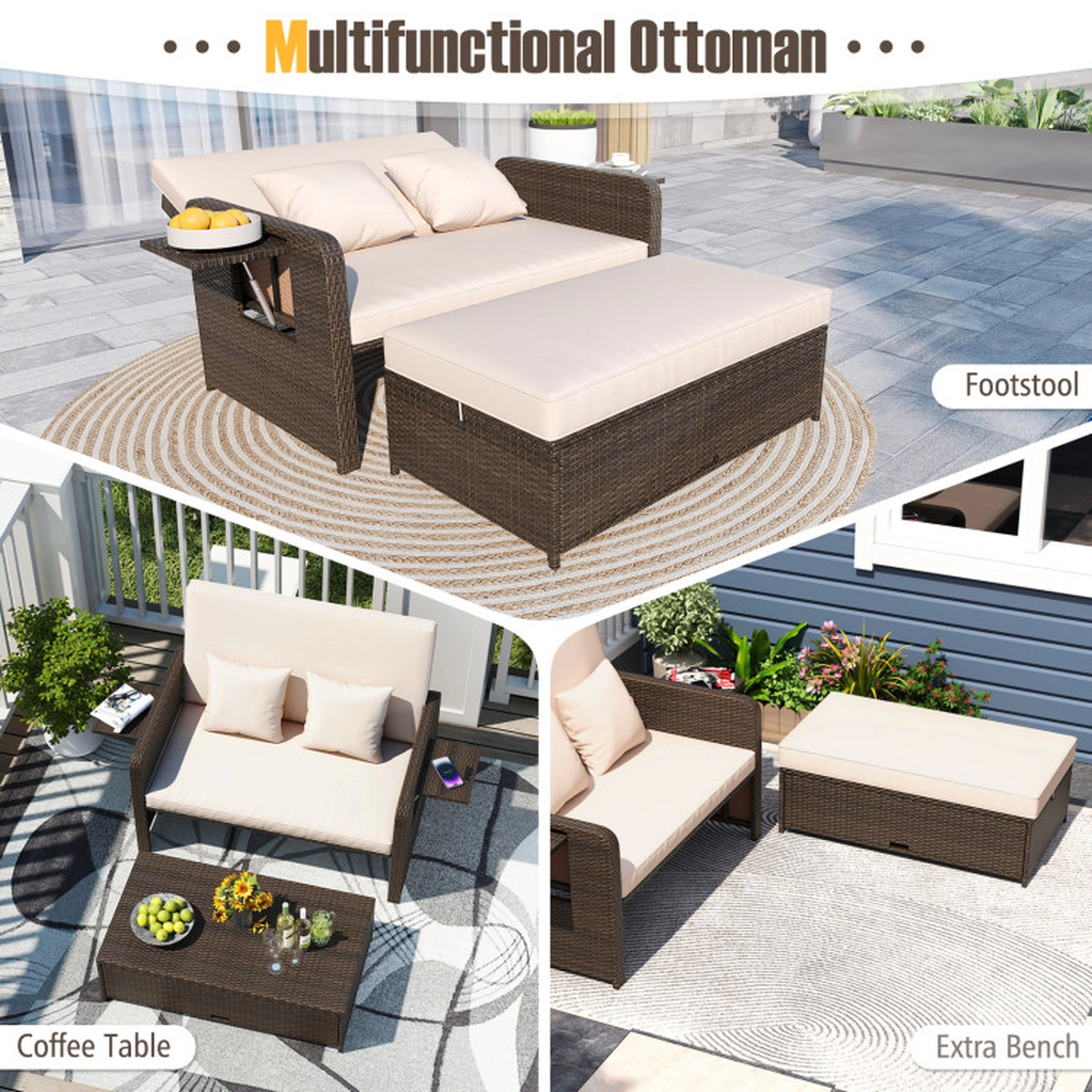 SUGIFT 4-Position Adjustable Outdoor Patio Daybed Chaise Lounge Loveseat with Storage Ottoman 800-lb Capacity Mix Brown