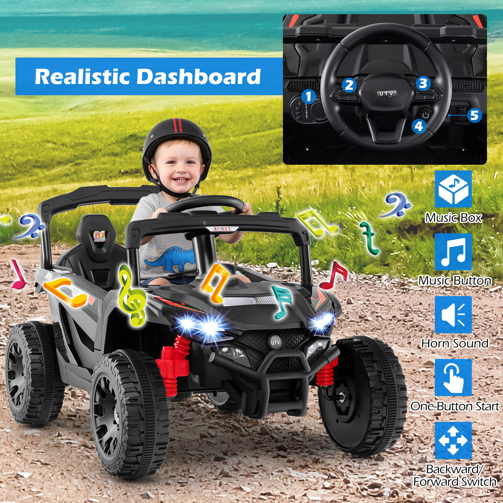 12V Kids Ride On UTV with Parent Remote Emergency Brake Lockable Doors Spring Suspension and LED Lights Ages 3+ Black