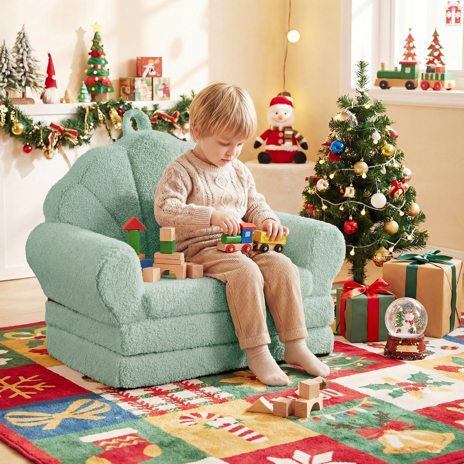 Convertible Kids Sofa 2-in-1 Fold Out Toddler Couch with Carry Handle Teddy Fleece Cover Anti-Slip Base Green