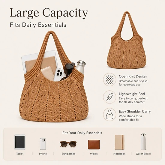 Alilang Women's Crochet Tote Bag Lightweight Shoulder Bag with Openwork Knit Texture