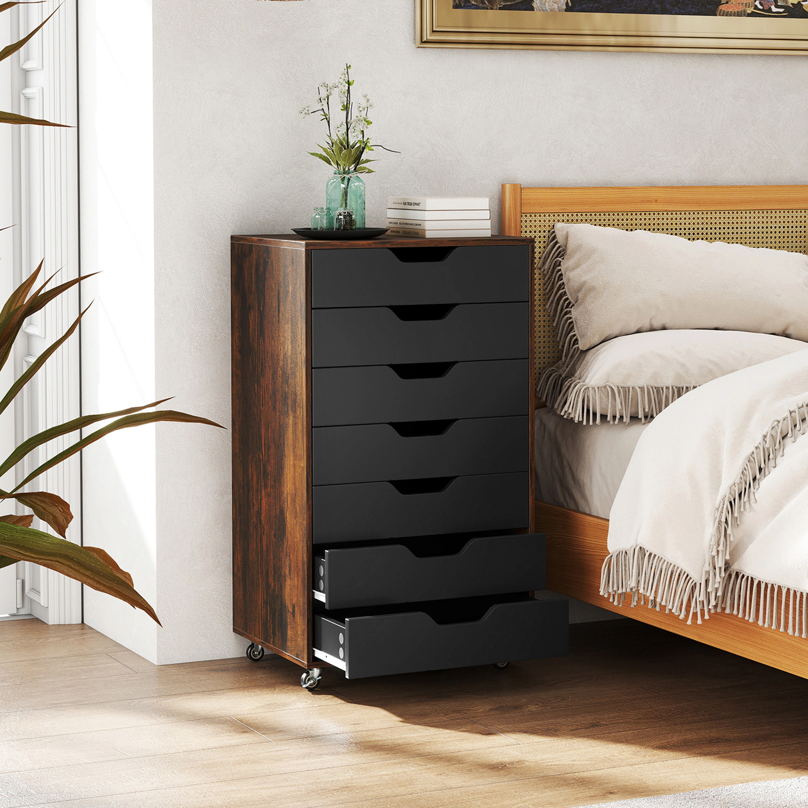 SUGIFT 34-in 7-Drawer Rolling Wood Dresser Chest with Anti-Tipping Kits and Lockable Wheels for Bedroom