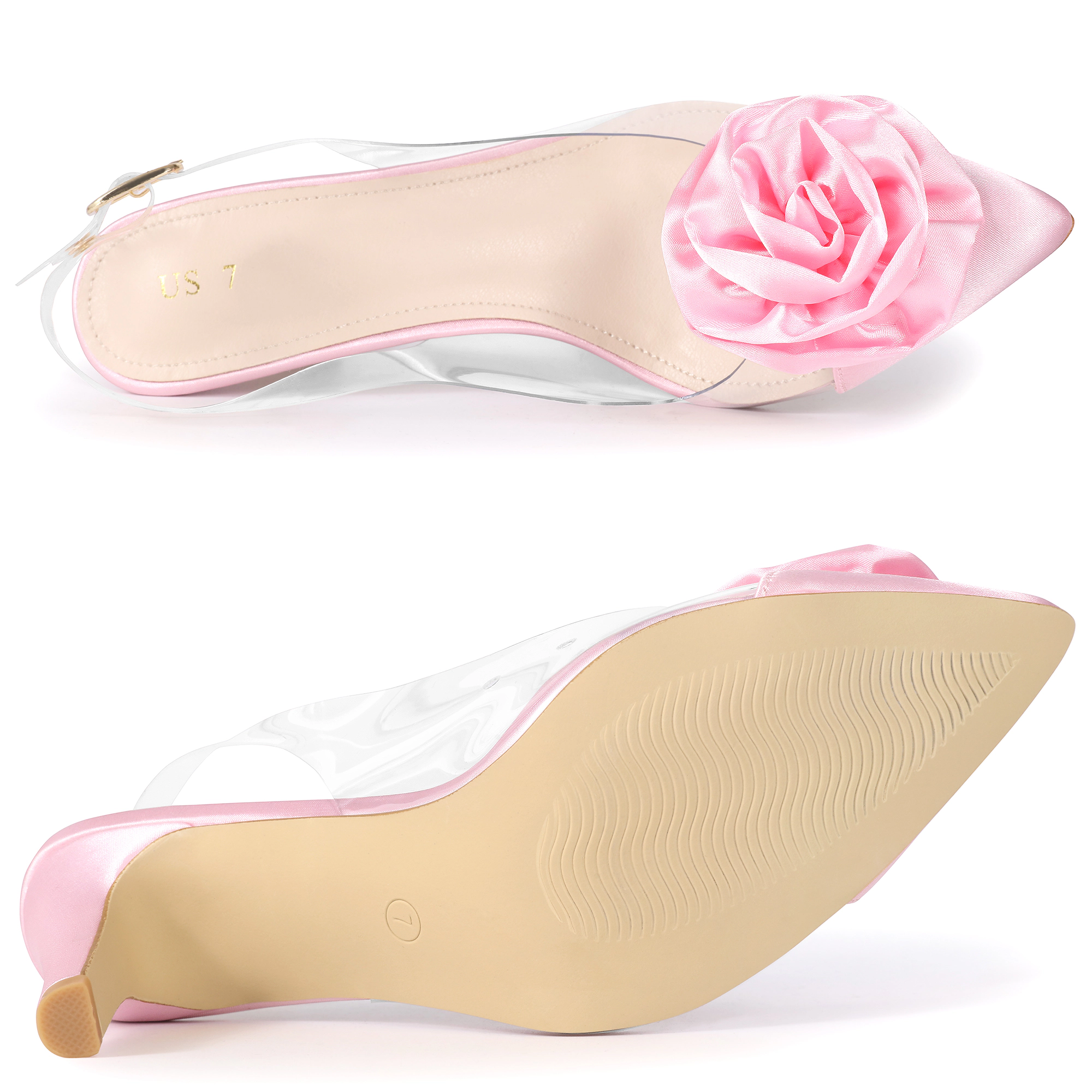 BLISSFUL STEP Women's Clear Flower Pointed Toe Stiletto Heel Slingback Sandals
