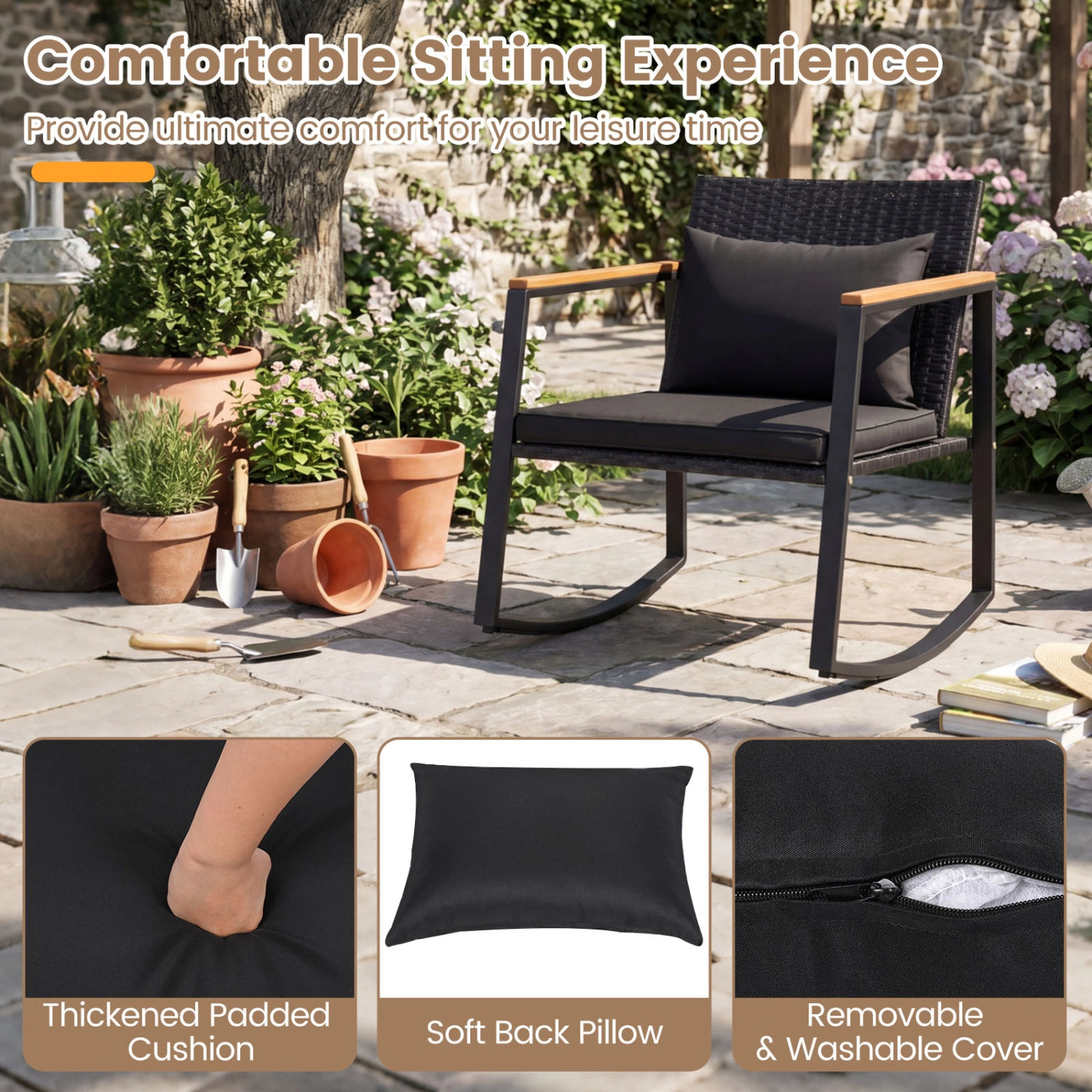 SUGIFT Outdoor Rocking Bistro Set with Cushions & Tempered Glass Table 397-lb Chair Capacity 99-lb Table Capacity Black