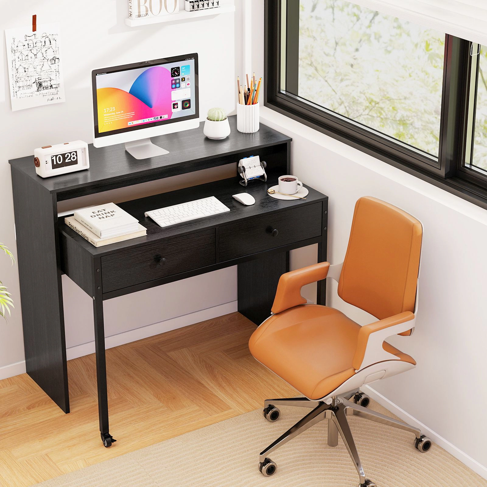 SlickBlue Extendable Computer Desk with 2 Drawers and Monitor Shelf