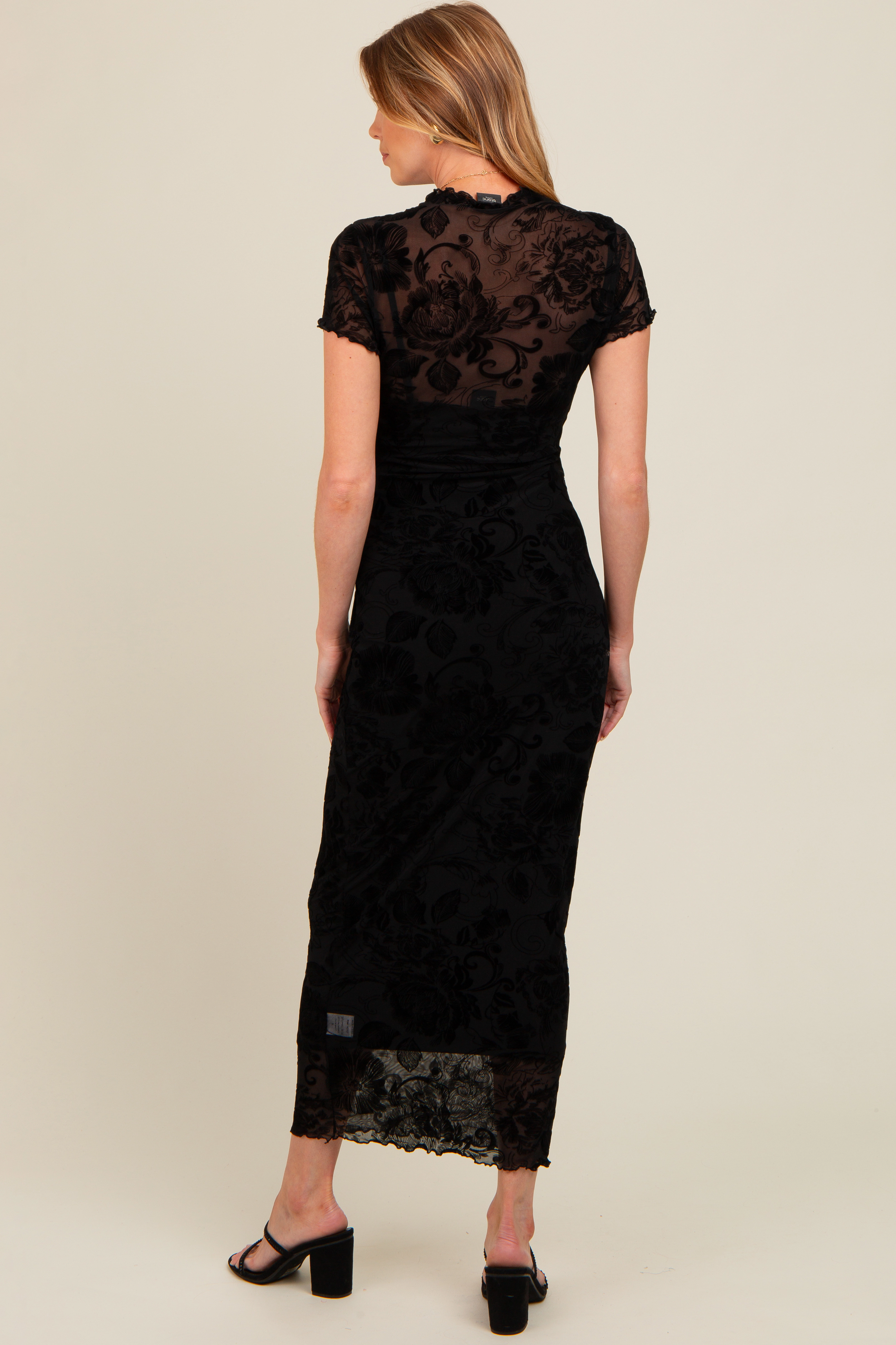PinkBlush Womens Black Floral Mesh Overlay Fitted Maternity Maxi Dress