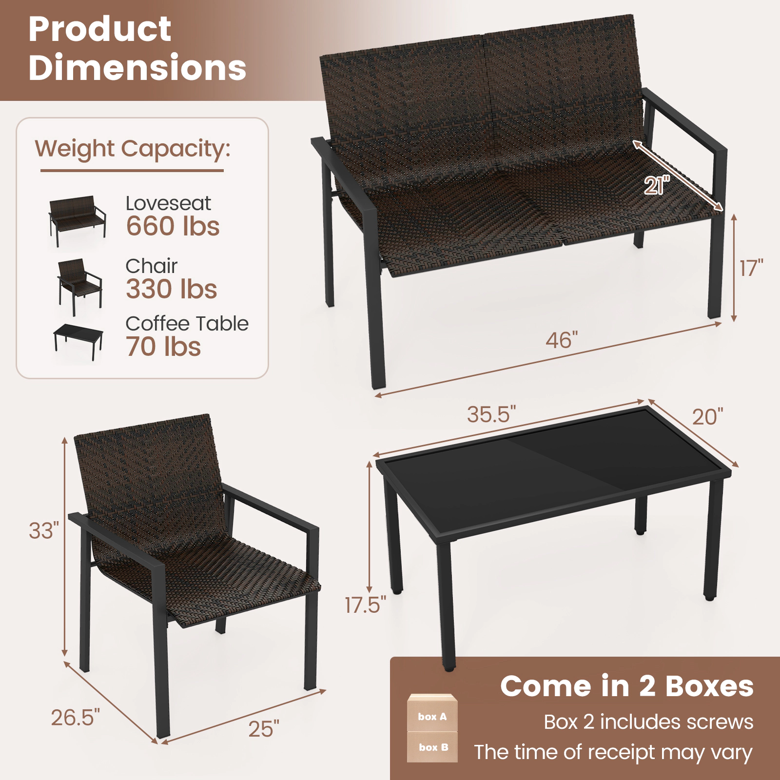 SUGIFT Galvanized Metal Frame and Machine-Woven Rattan 4-Piece Brown Patio Furniture Set