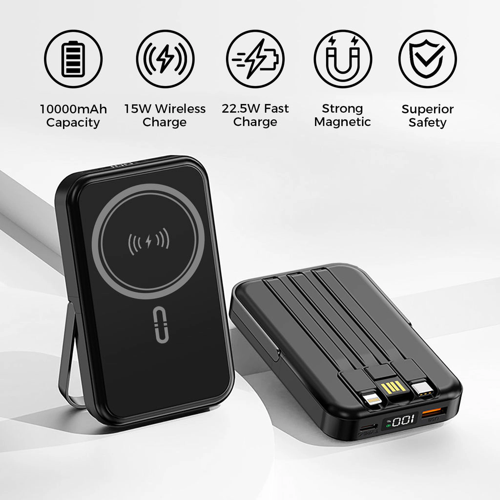 Alpha Digital 10,000mAh, 3 Cables, Magnetic Wireless Charging, Phone Stand - Power Bank