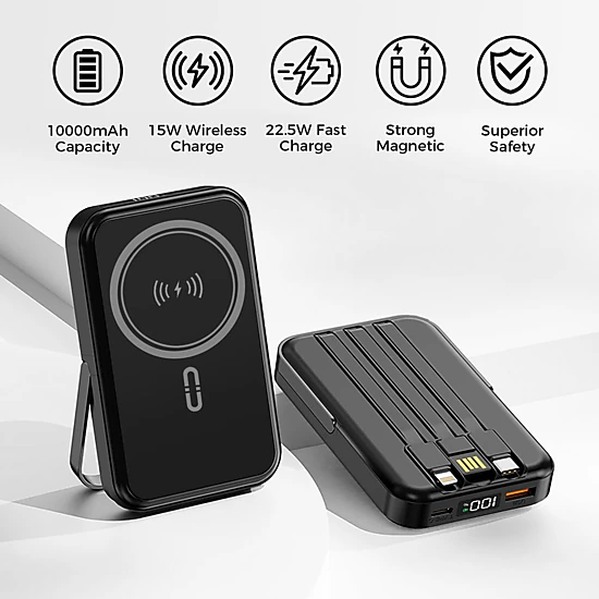 Alpha Digital 10,000mAh, 3 Cables, Magnetic Wireless Charging, Phone Stand - Power Bank