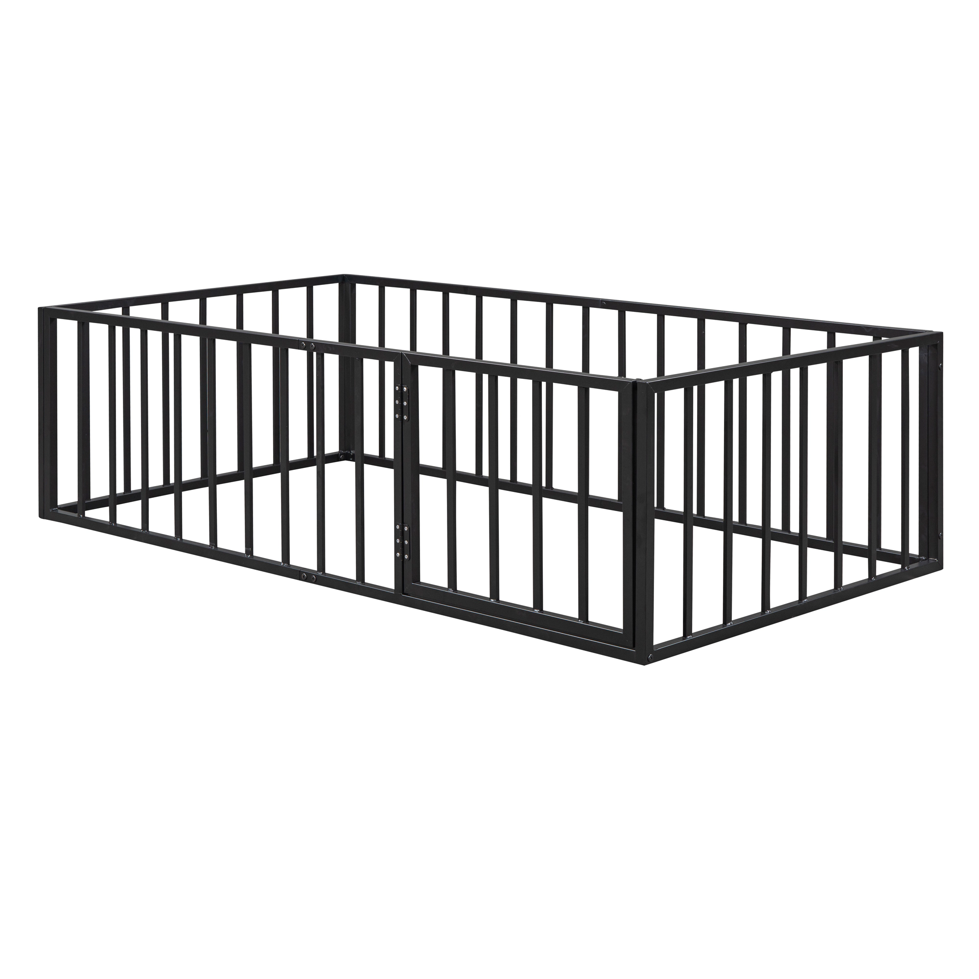 Flynama Twin Metal Floor Bed Frame with Fence & Door, Black
