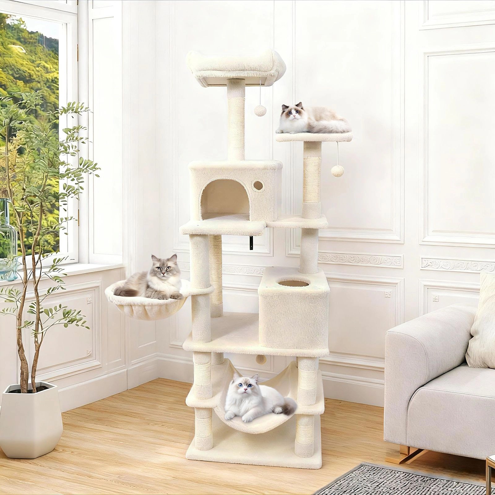 SlickBlue 66 Inch Cat Tower with 2 Condos, Hammock and Scratching Posts