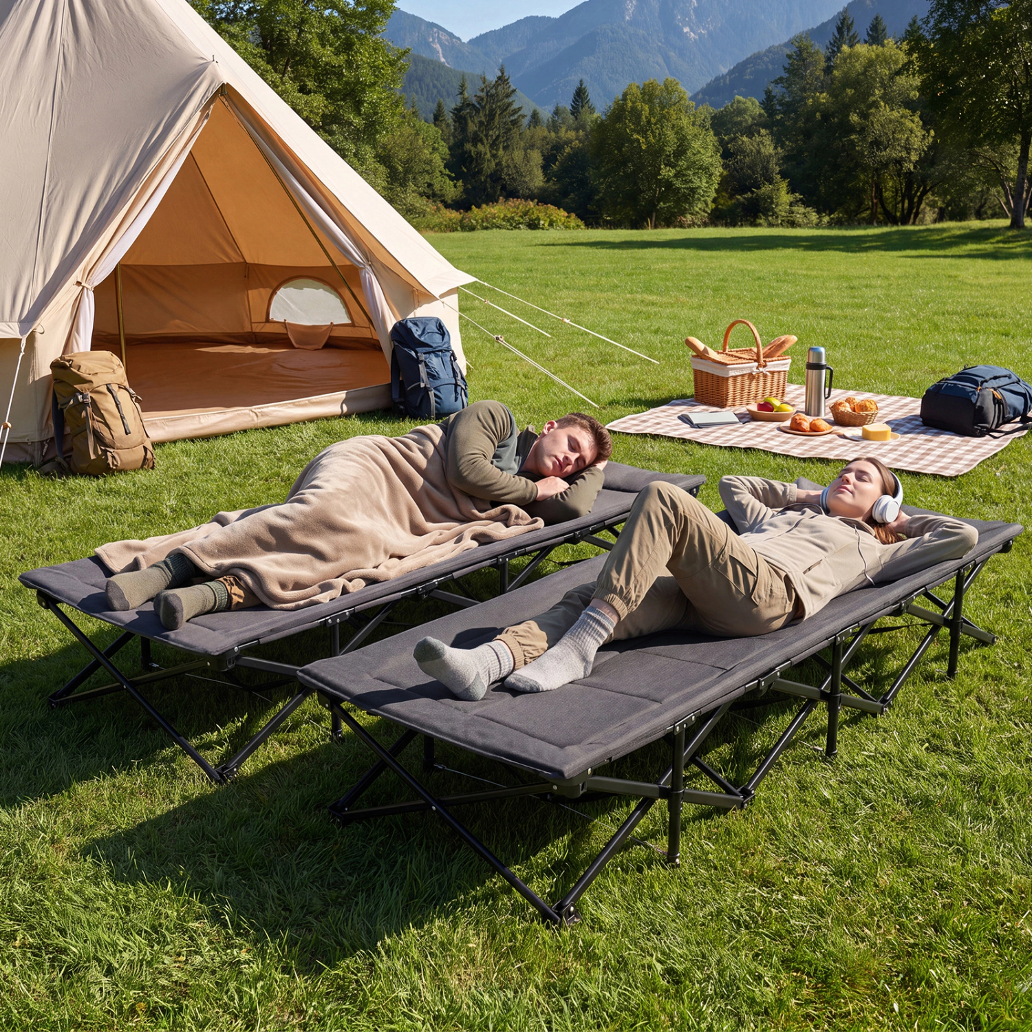 LJG Camping Cot with Padded Pillow and Storage Pouch for Camping Travel