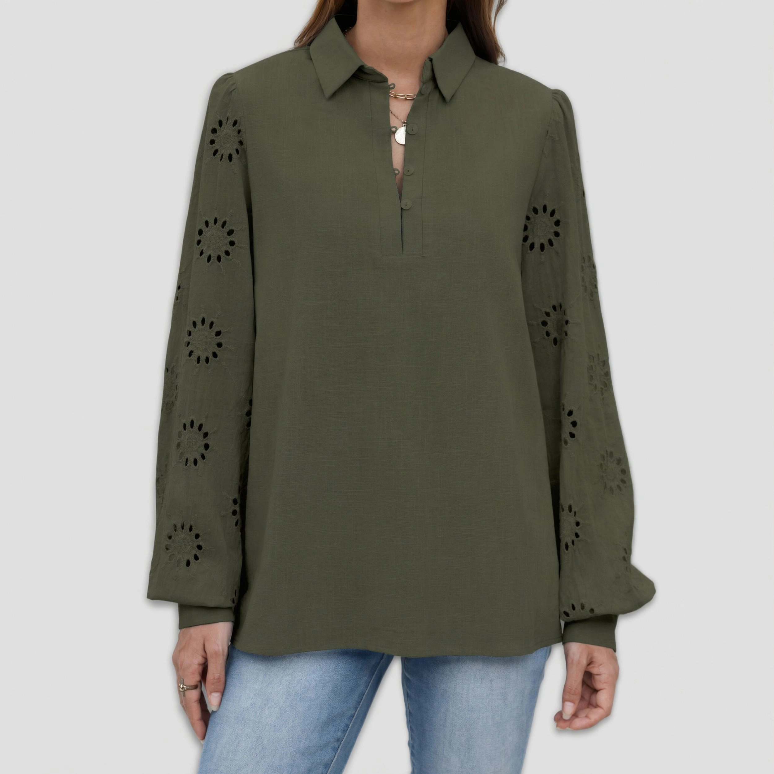 Zeagoo Women's Collared Eyelet Embroidery Sleeve Half Button Long Woven Pullover Shirt