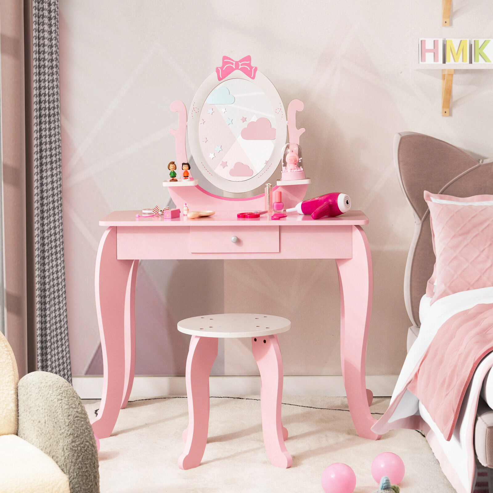 SUGIFT Pink Kids Vanity Table and Stool Set with Rotatable Oval Mirror