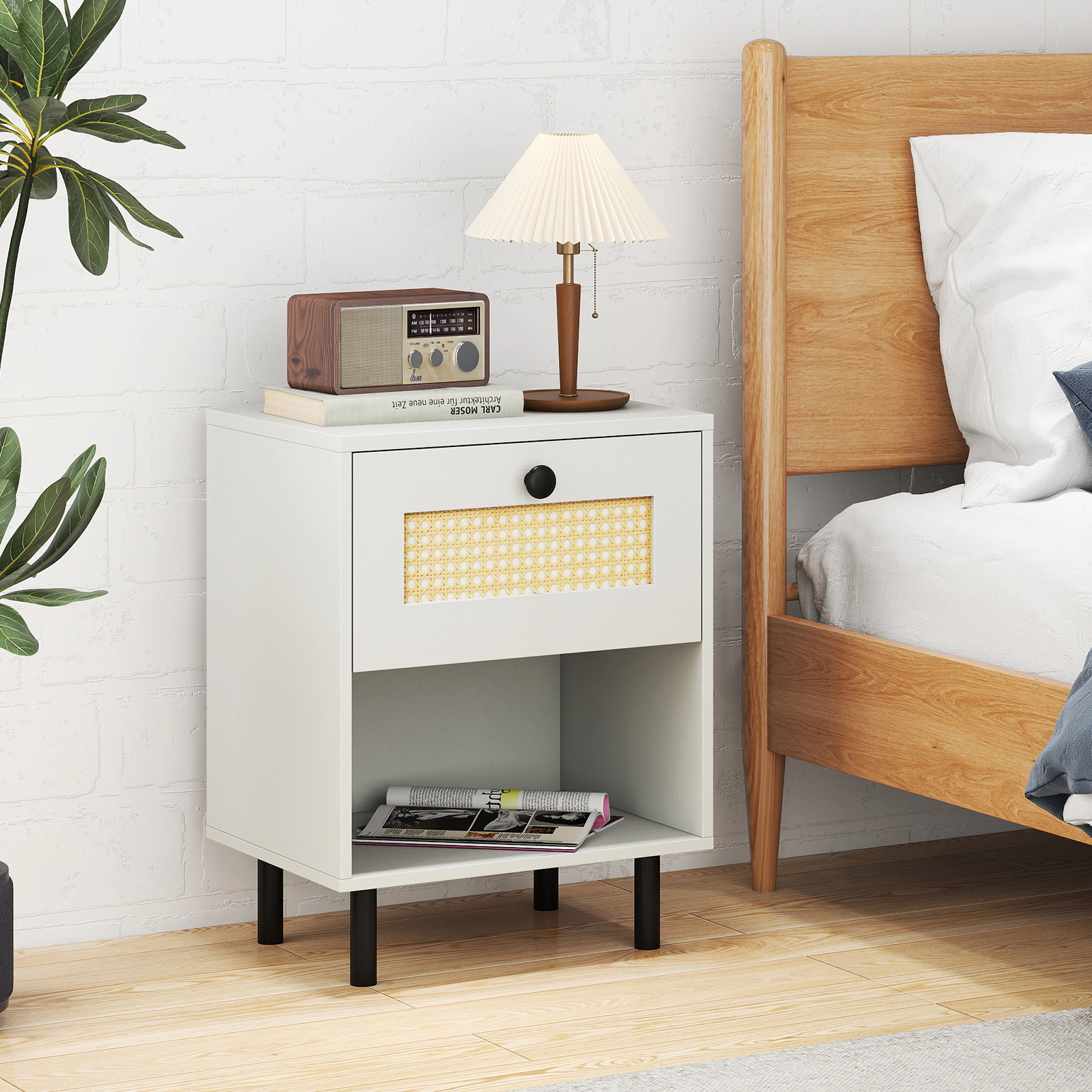 SUGIFT Rattan Drawer Nightstand Boho End Table with Open Shelf 20.5-in Tall 66-lb Tabletop Capacity Natural/White
