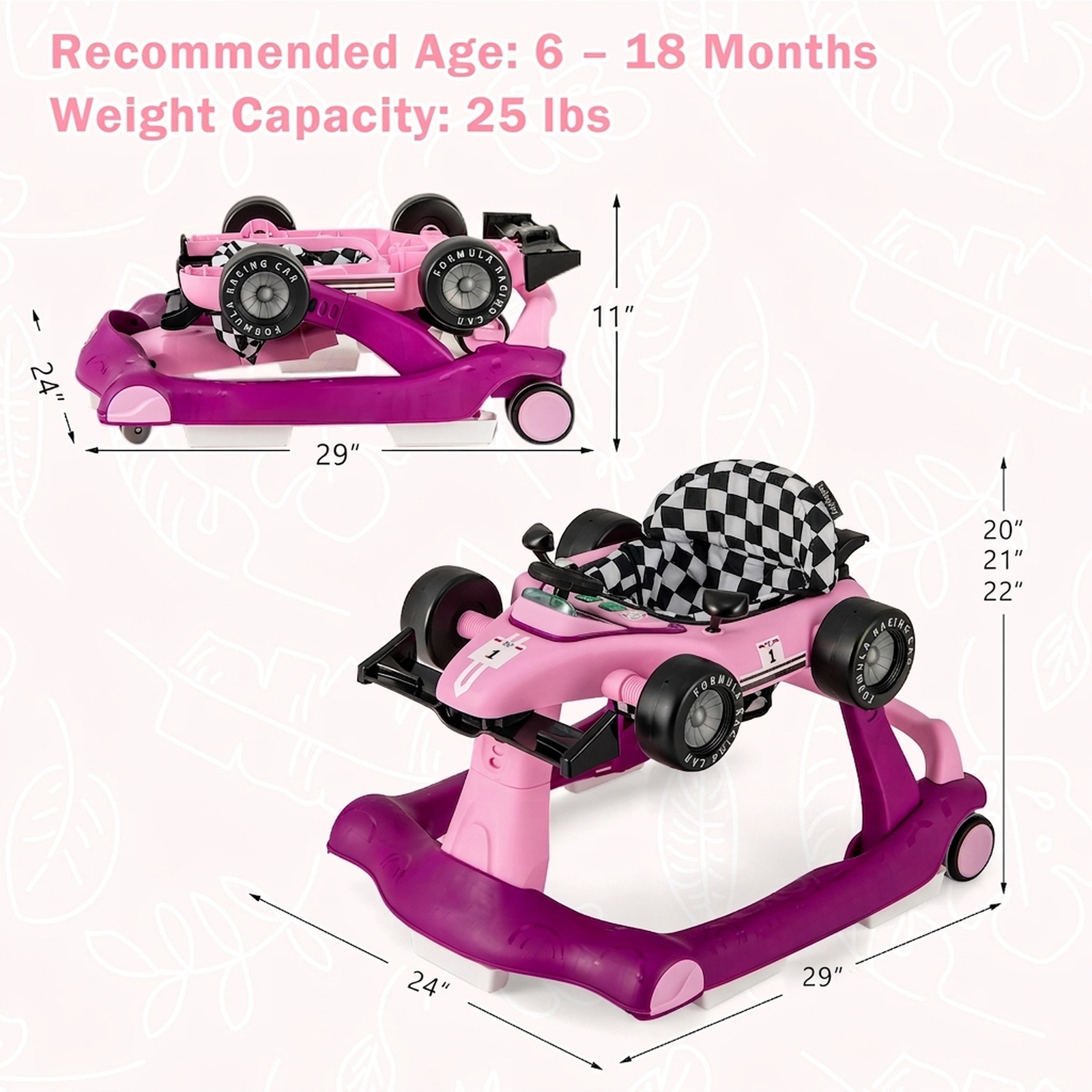 SUGIFT 4-in-1 Foldable Activity Push Walker Adjustable Height 25-lb Capacity Ages 6-18 Months 29-in Frame Purple