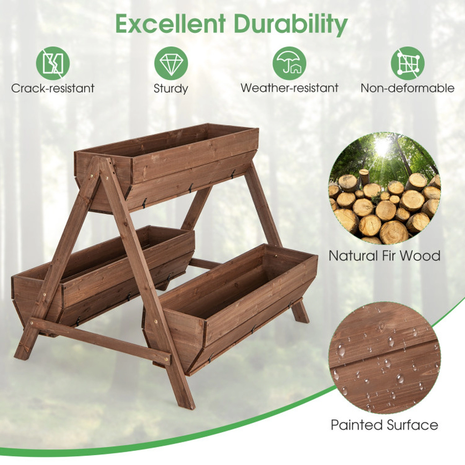 SUGIFT Brown Wood Vertical Raised Garden Bed with 3 Planter Boxes and A-Shaped Frame 44-in W 36-in D 35-in H