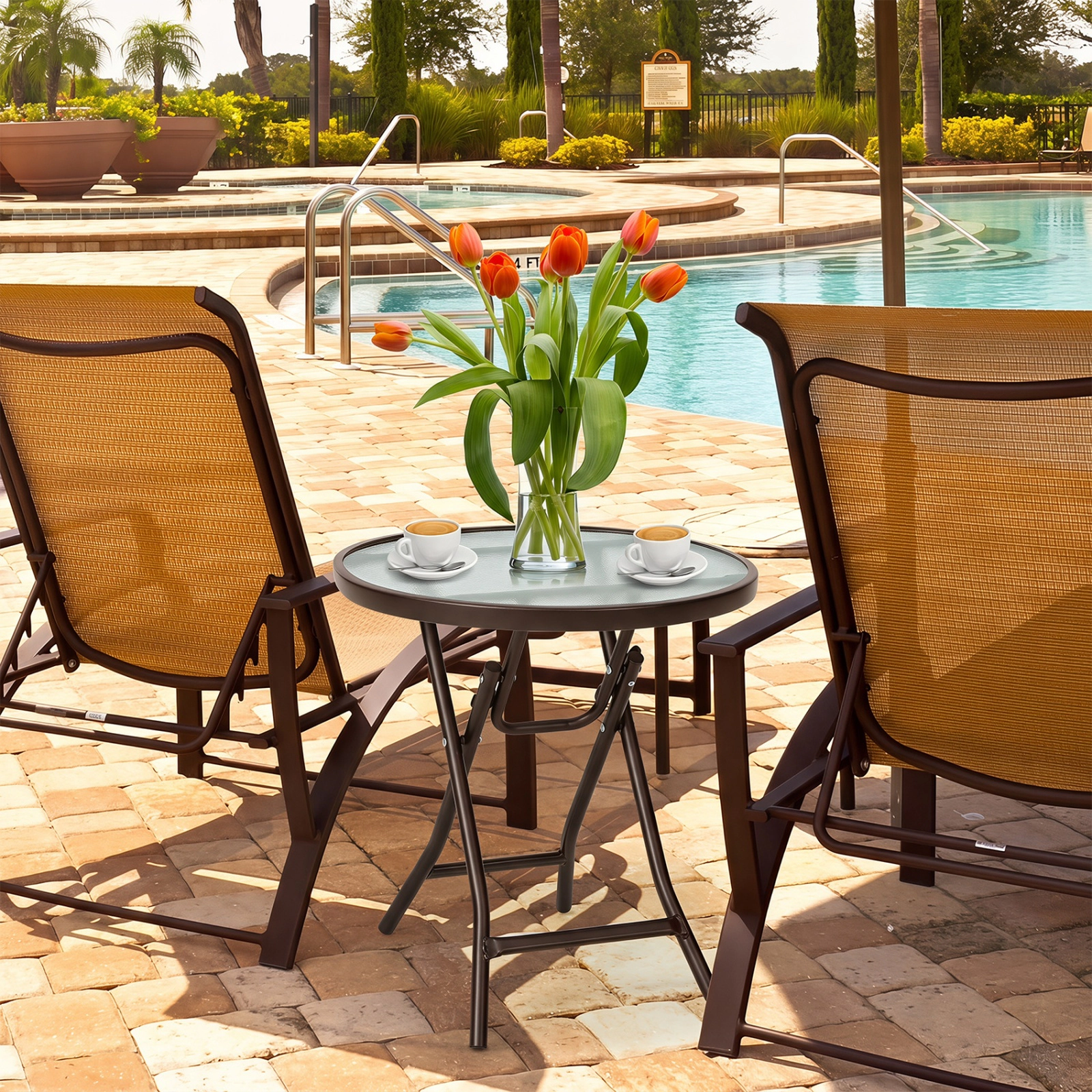 SUGIFT Brown 18-in Round Folding Tempered Glass Outdoor Side Table, 110-lb Capacity