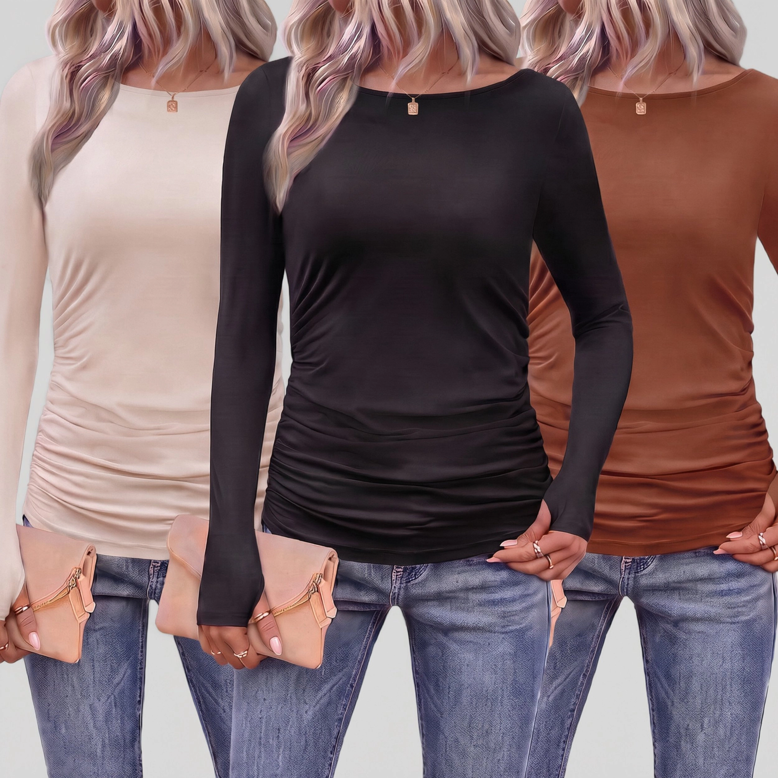 Ekouaer Women's Maternity Long Sleeve Crew Neck T-Shirt 3 Pack