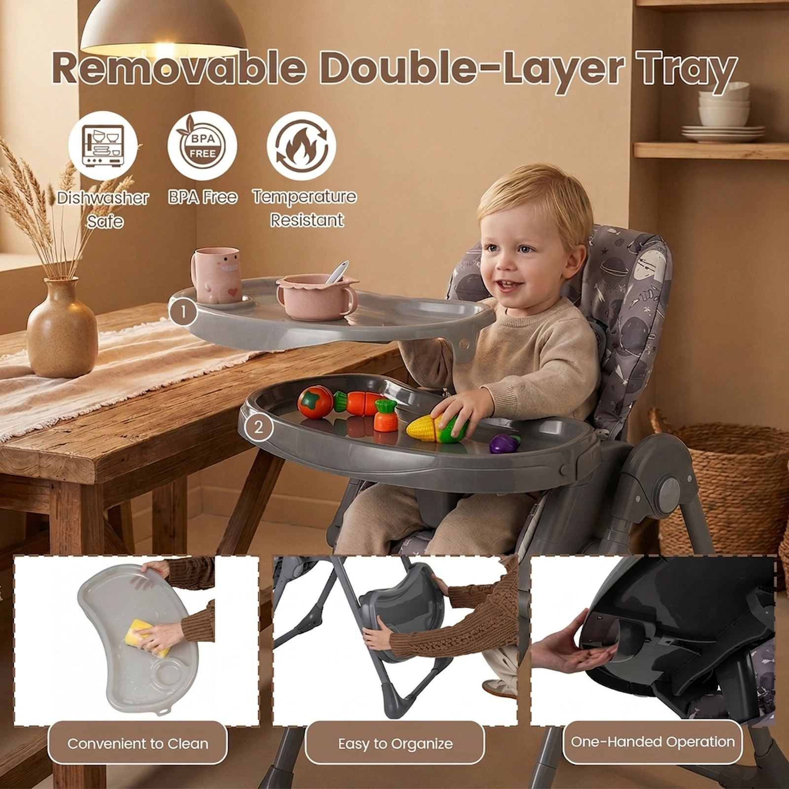SUGIFT Foldable High Chair with Detachable PU Cushion, Double Tray and Wheels 33-lb Capacity Ages 6-36 Months Gray