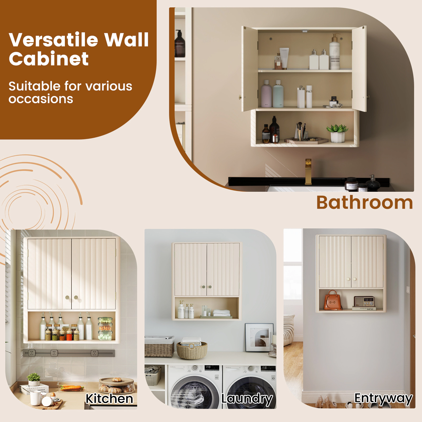 SUGIFT Beige 33-lb Top Capacity Fluted Wall Mounted Bathroom Storage Cabinet with Gold Knobs and Open Shelf