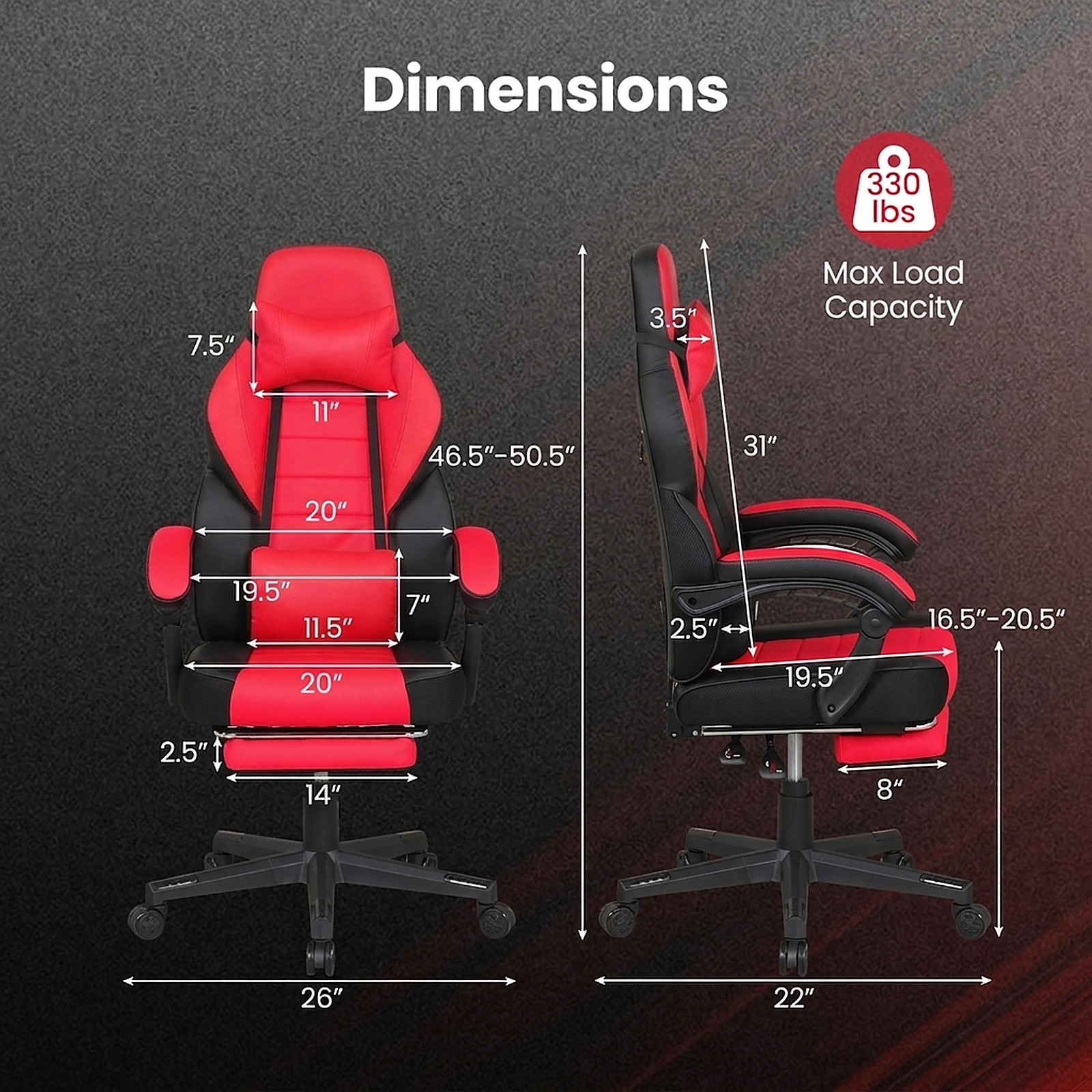 SUGIFT Red and Black Reclining Gaming Chair with 155° Recline, Footrest, Headrest and Lumbar Support