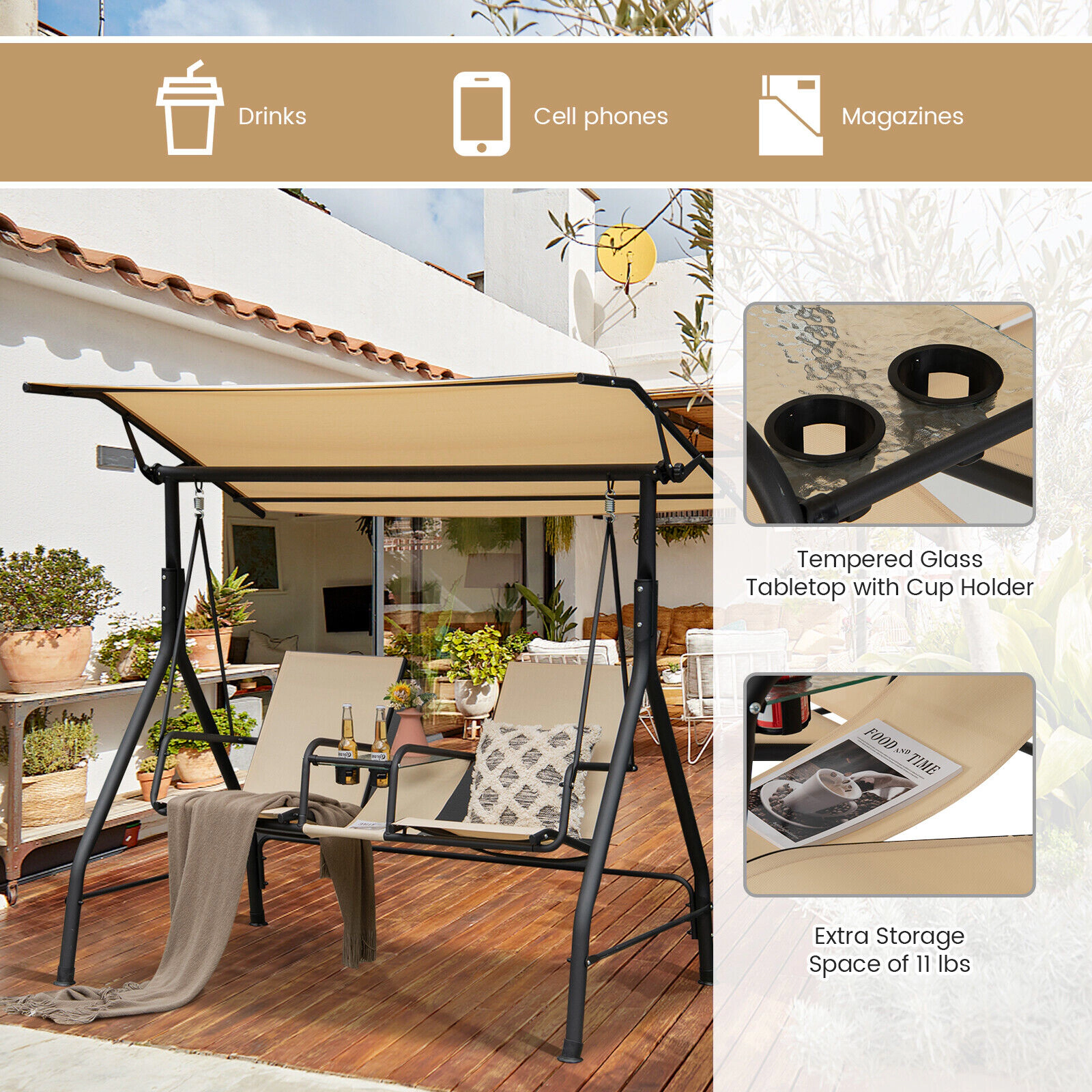 SUGIFT 2-Seat Outdoor Cushioned Porch Swing with Adjustable Canopy and Tempered Glass Table 530-lb Capacity Beige