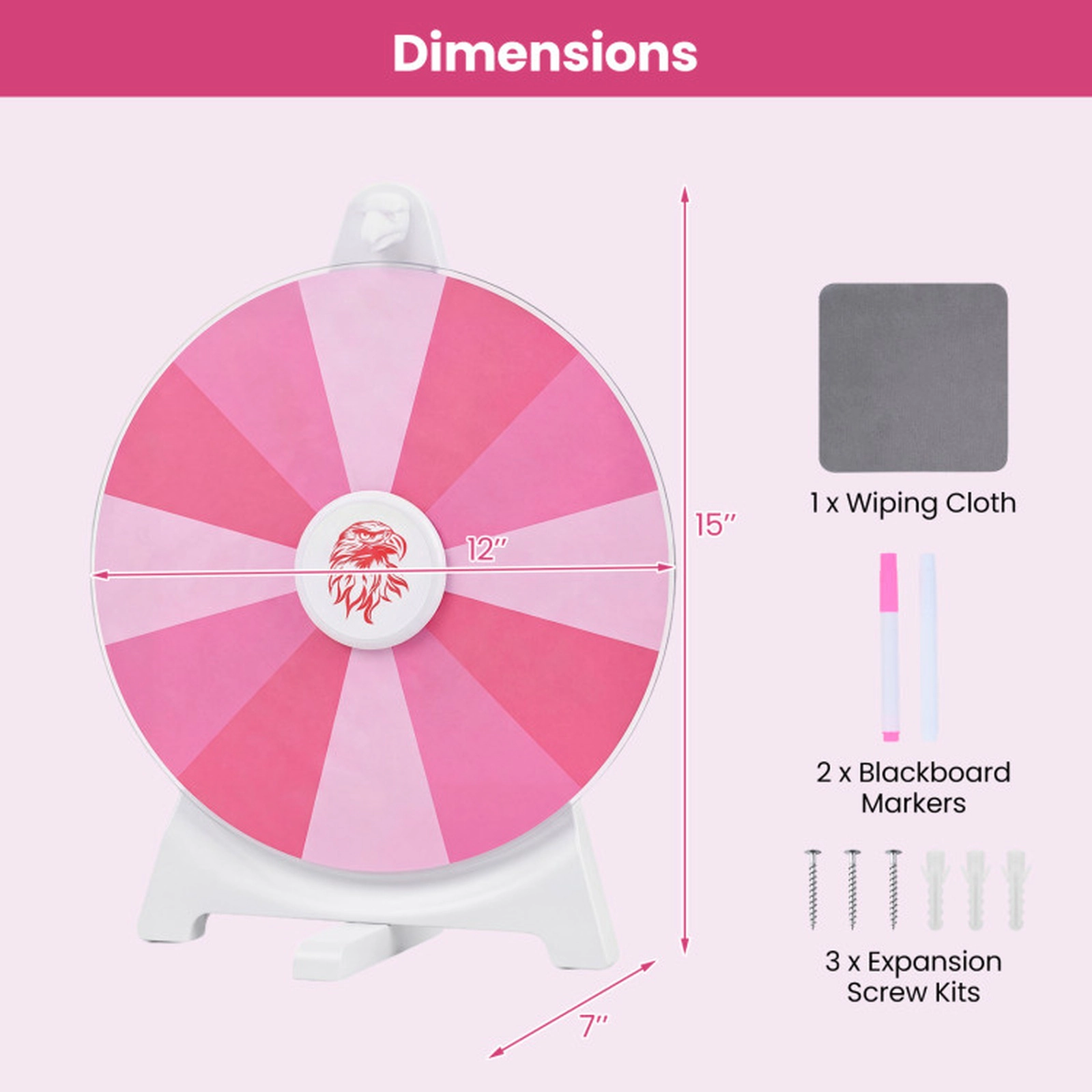 SUGIFT 12-in 14-Slot Wall Mounted Spin Prize Wheel with Swivel Base Wiping Cloth and 2 Blackboard Markers Pink