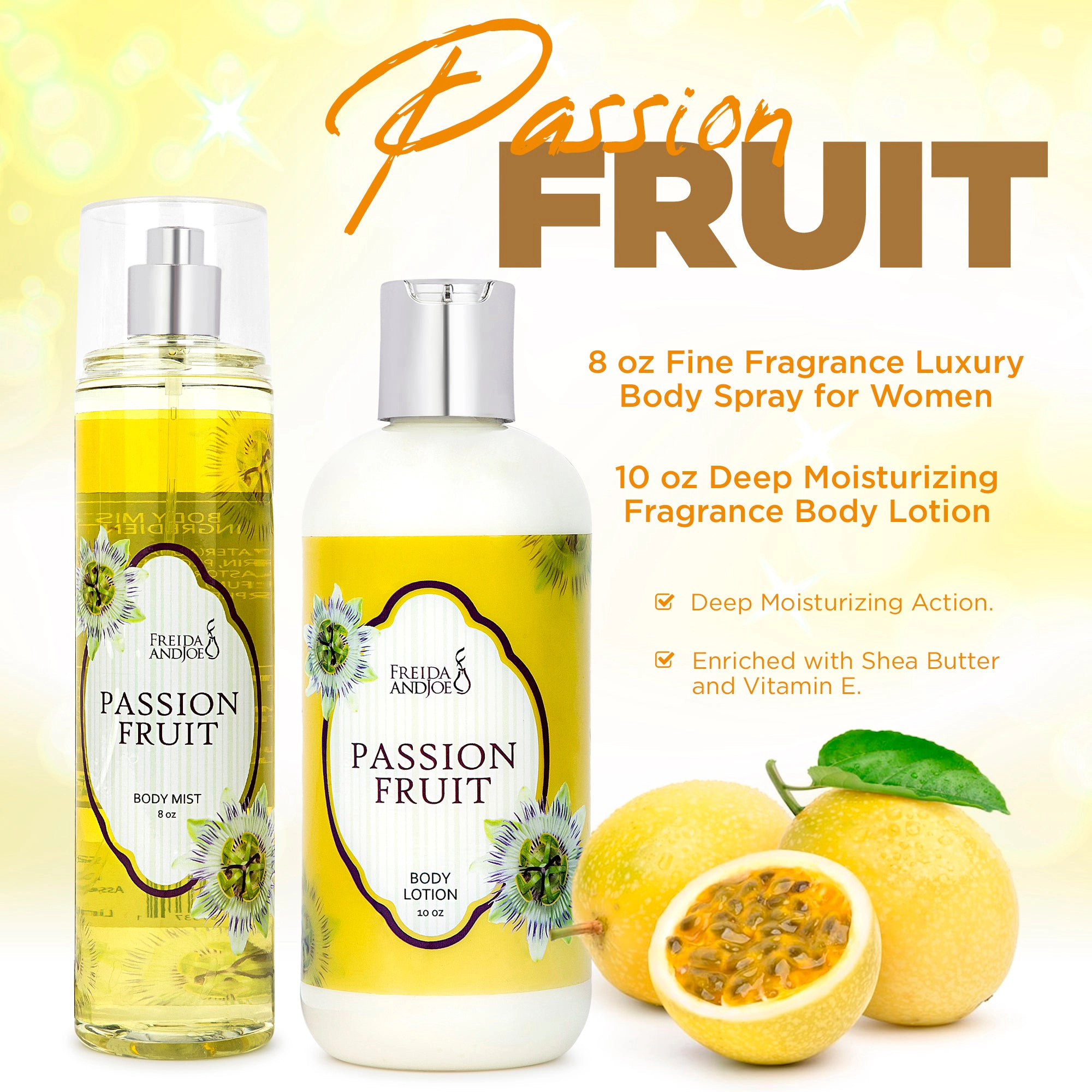 Freida and Joe Womens Passion Fruit 10oz Deep Moisturizing Fragrance Body Lotion & 8 oz. Fine Fragrance Body Mist Set