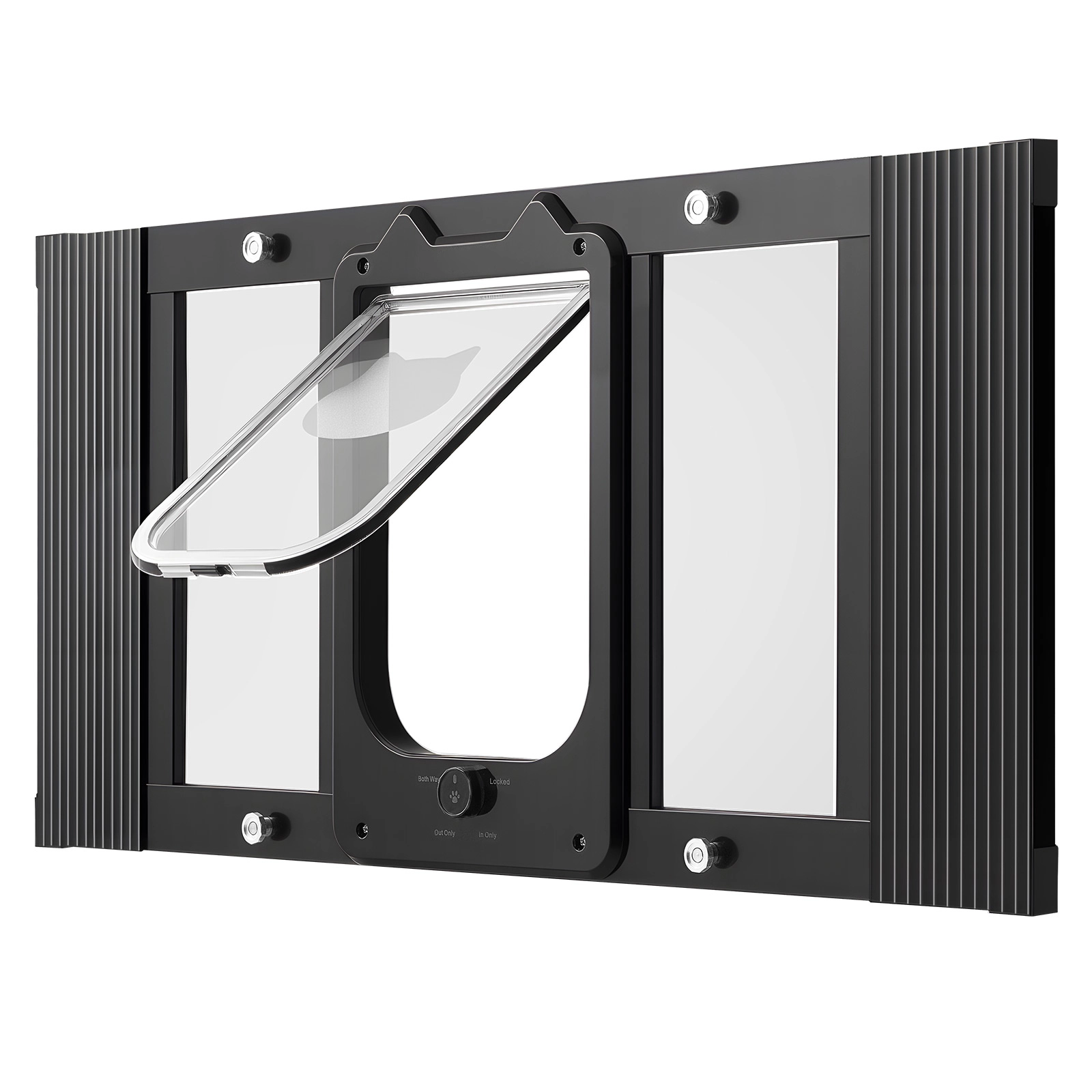 HONGGE Cat Door for Window, Adjustable 27 to 32 Inch Width, 4-Way Lock, Aluminum Frame with Magnetic Closure, Black