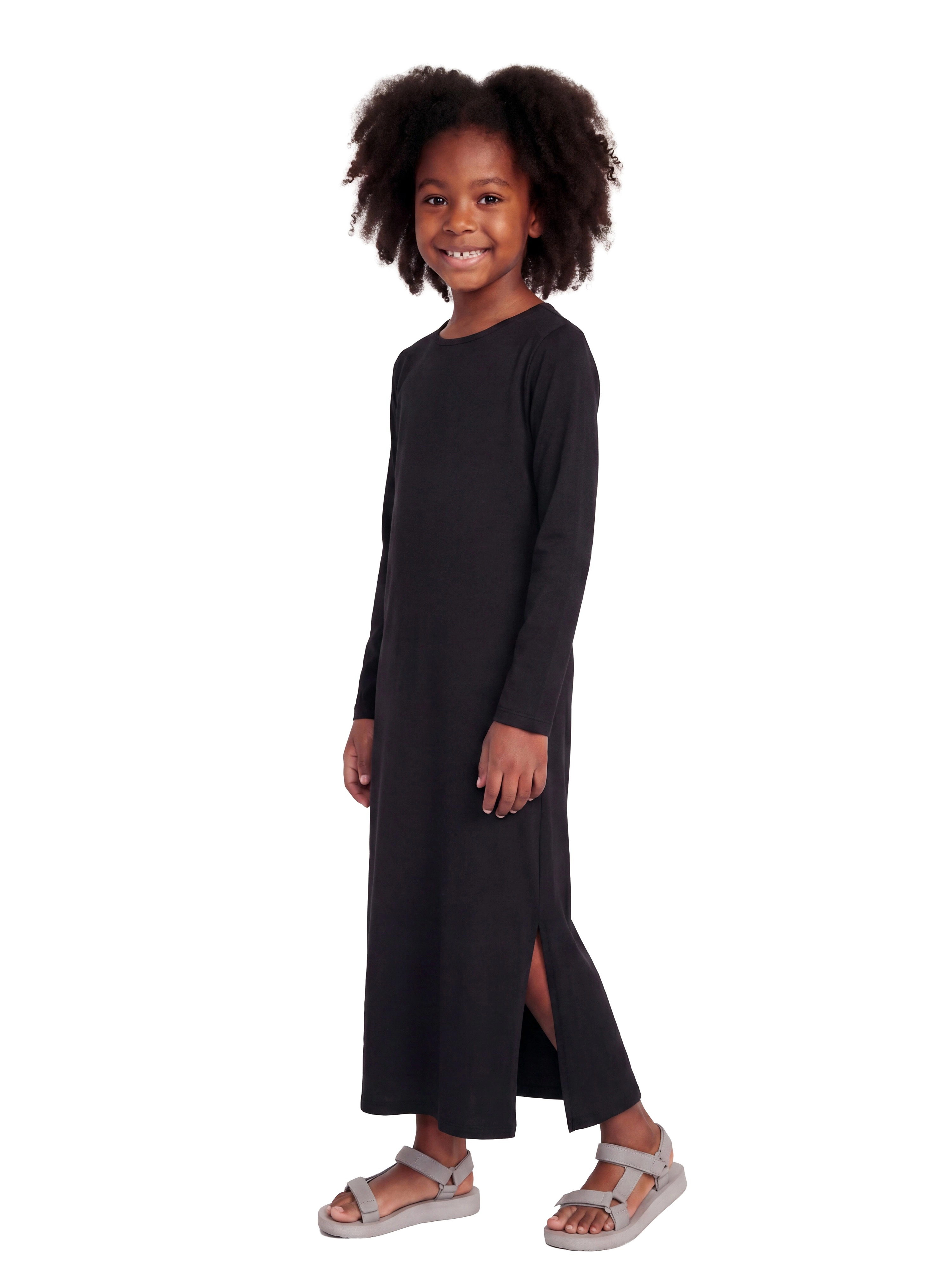 24sevenKid Essential Girls Long Sleeve Side Slit Maxi Dress Solid Color