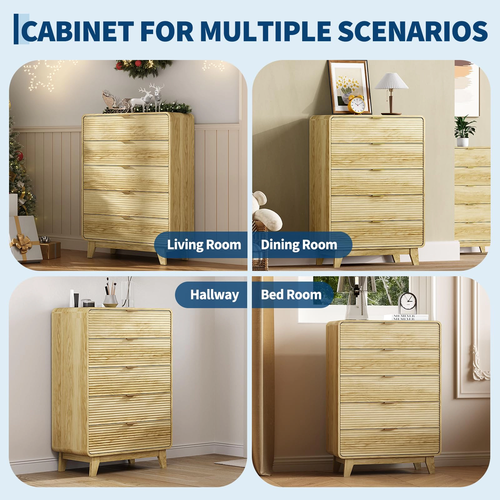 Fluted 5-Drawer Dresser with Gold Handles, 46" Tall Wood Storage Cabinet, Curved Profile Design