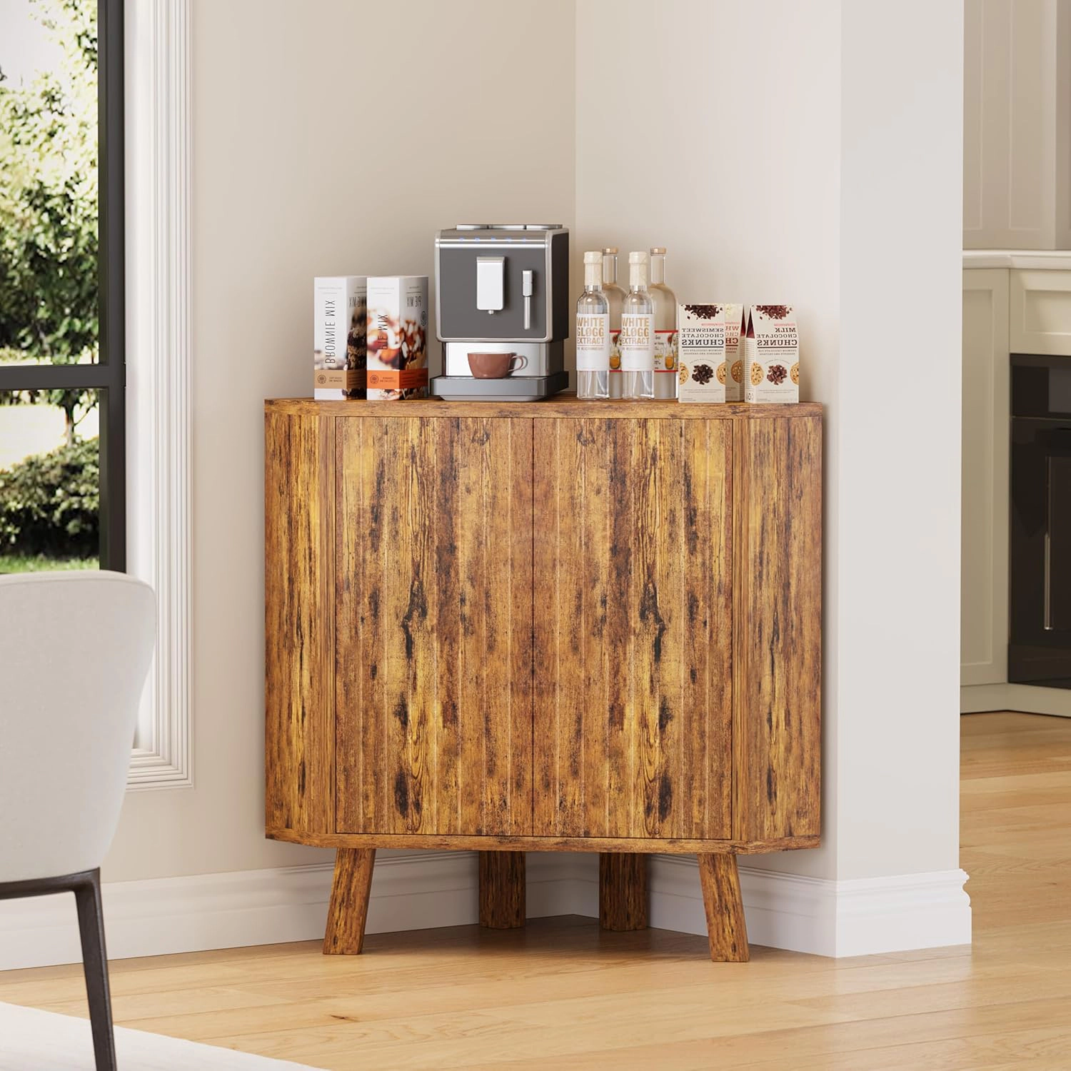 BebreezChic Industrial 3 Tier Wooden Corner Storage Cabinet, Adjustable Shelves