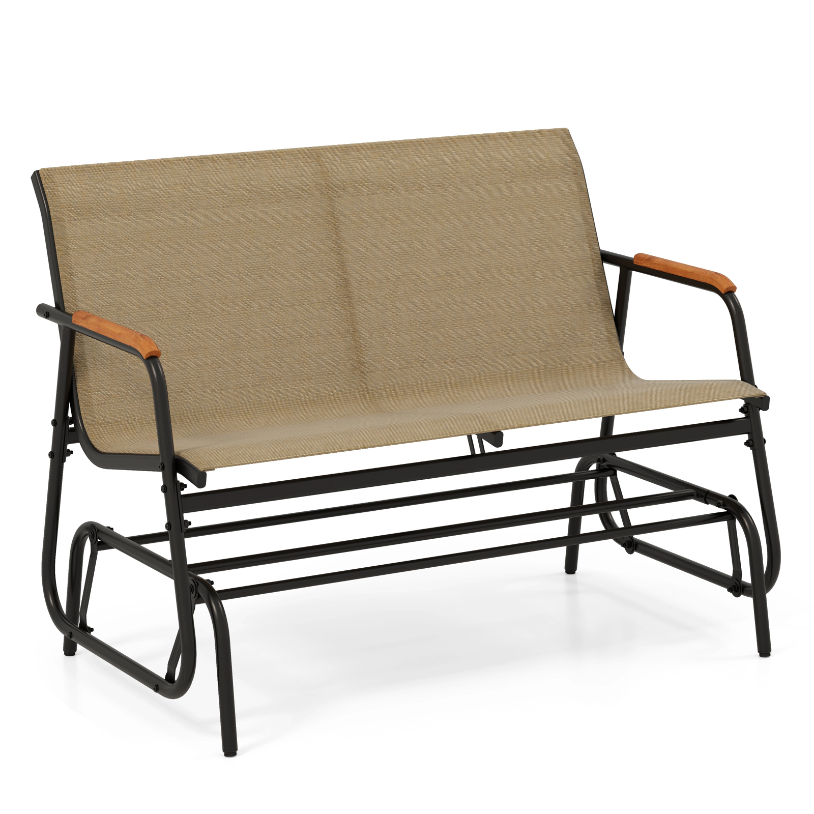 LJG Patio Glider Bench with Curved Teak Armrests and Breathable Fabric Seat for 2 People