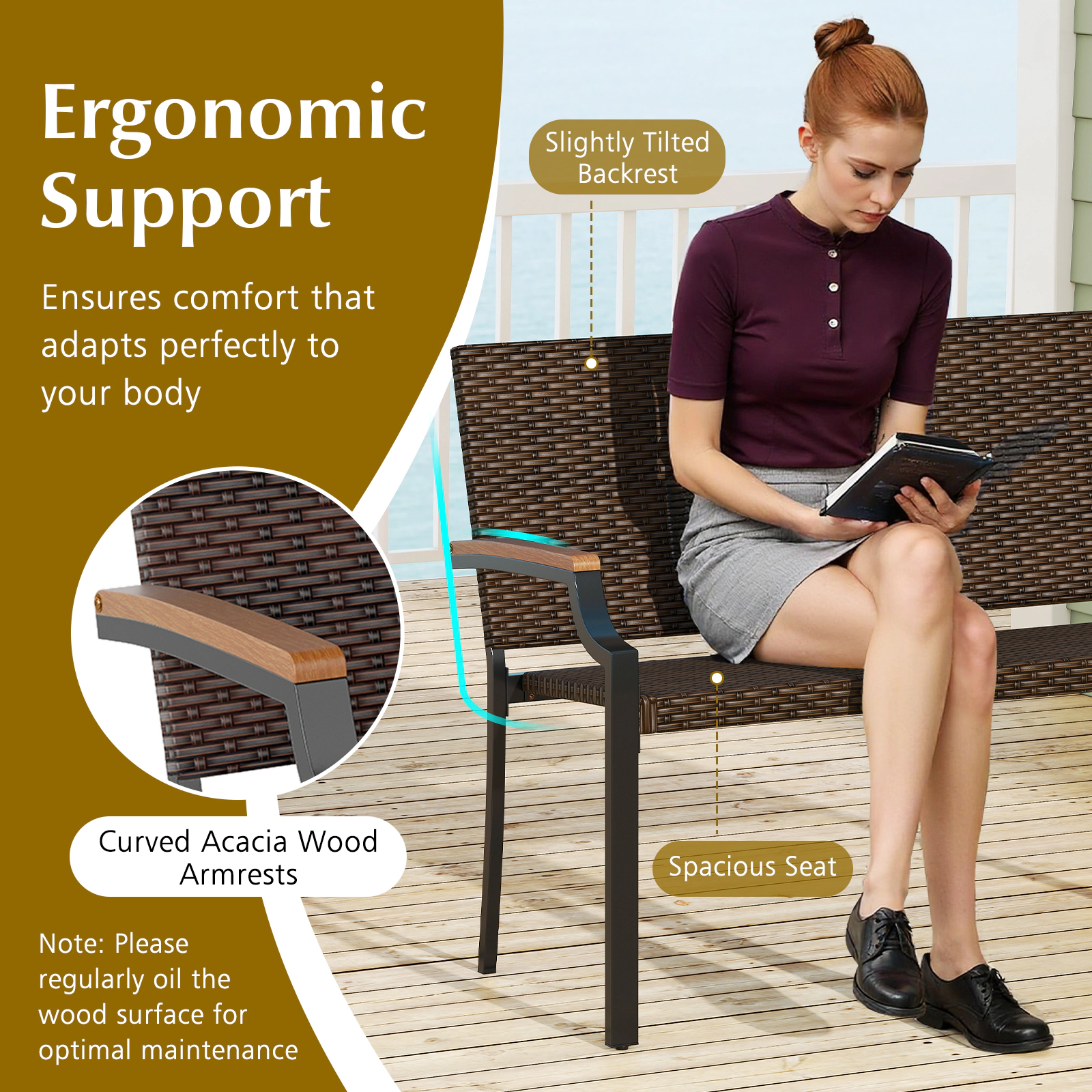 LJG Patio Wicker Loveseat Chair with Acacia Wood Armrests and Metal Frame