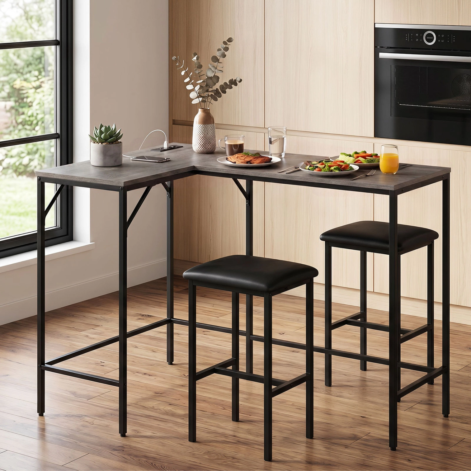 SUGIFT L-Shaped Dining Table and Chair Set with Charging Station 220-lb Table Capacity Industrial Brown and Black