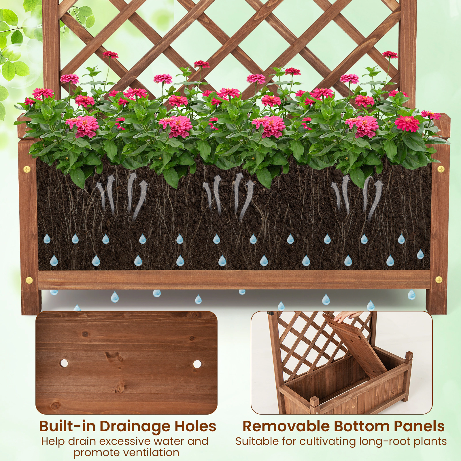 SUGIFT 60-in Tall Fir Wood Raised Garden Bed with Diamond Lattice Trellis and Removable Bottom Panels