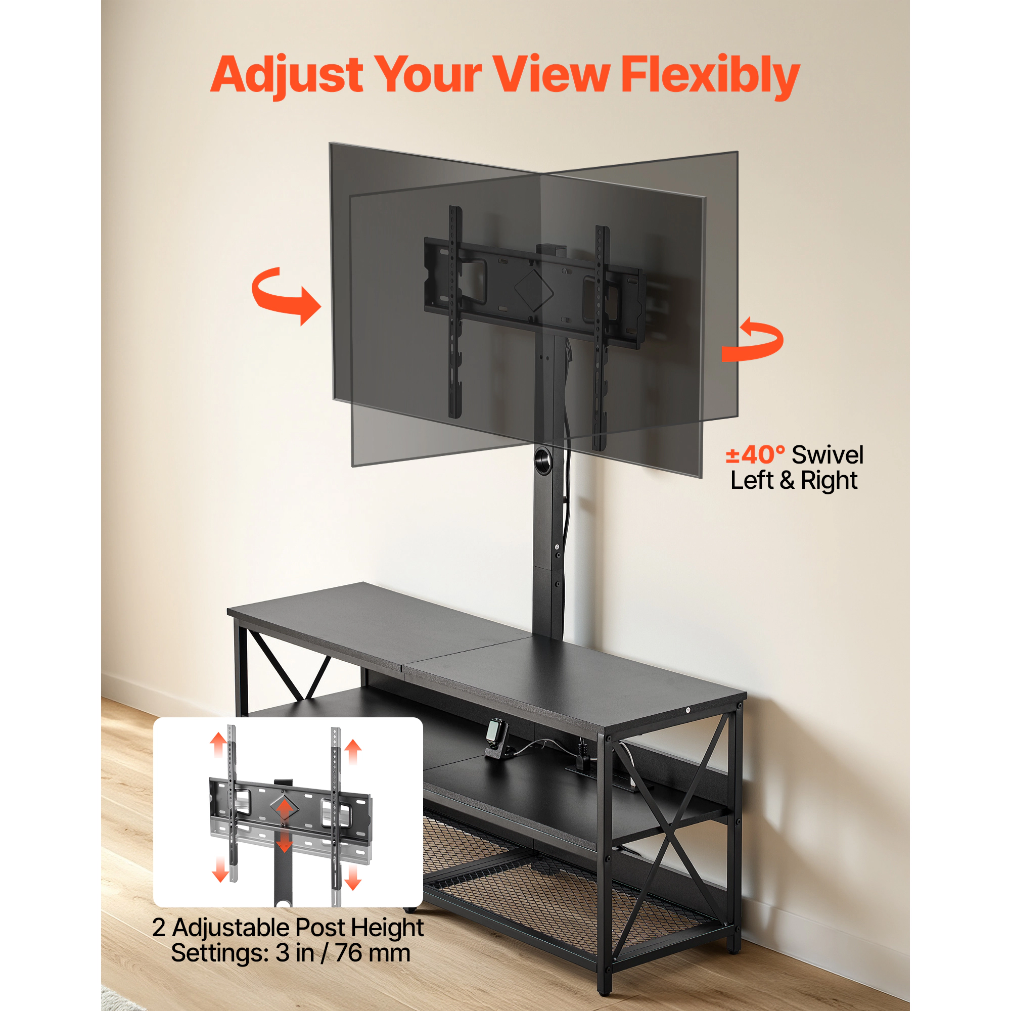 HONGGE TV Stand Console with Power Outlet for 32-75 Inch TVs, Height Adjustable Entertainment Center with Storage